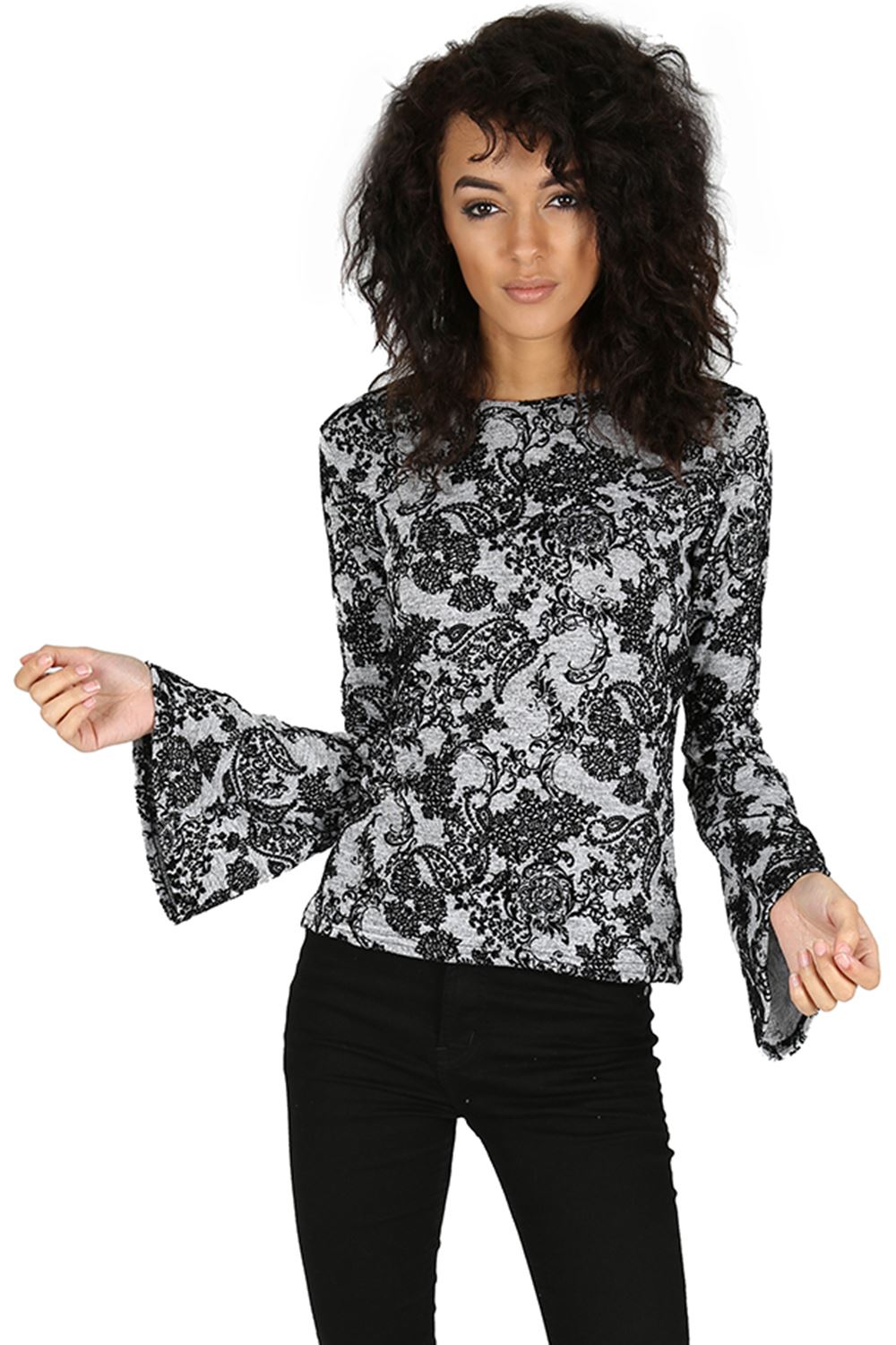 Ladies 70`s Frill Sleeve T Shirt Women Jumper Flared Top Fine Knitwear