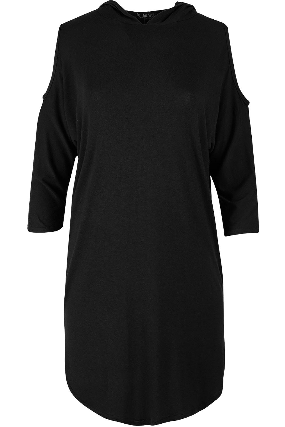 Ladies 3/4 Sleeve Cold Cut Shoulder Womens Hooded Hoody Mini Curved Hem Dress - Picture 2 of 28