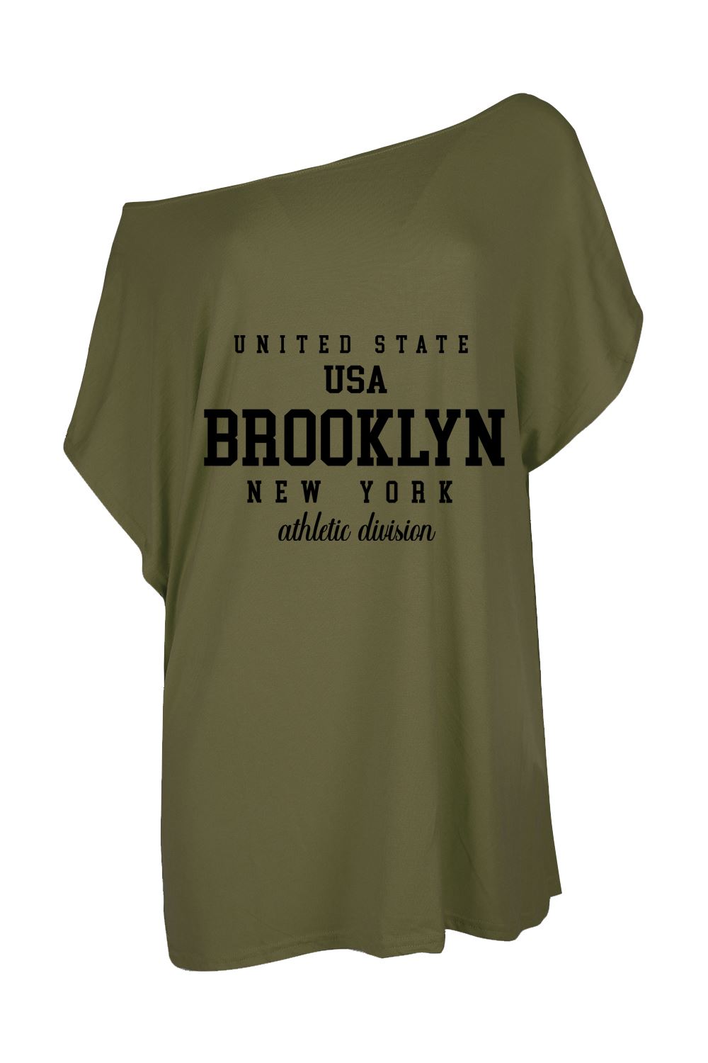 Womens Brooklyn USA Slogan One Shoulder Oversized Batwing Sleeve Summer T Shirt - Picture 12 of 36