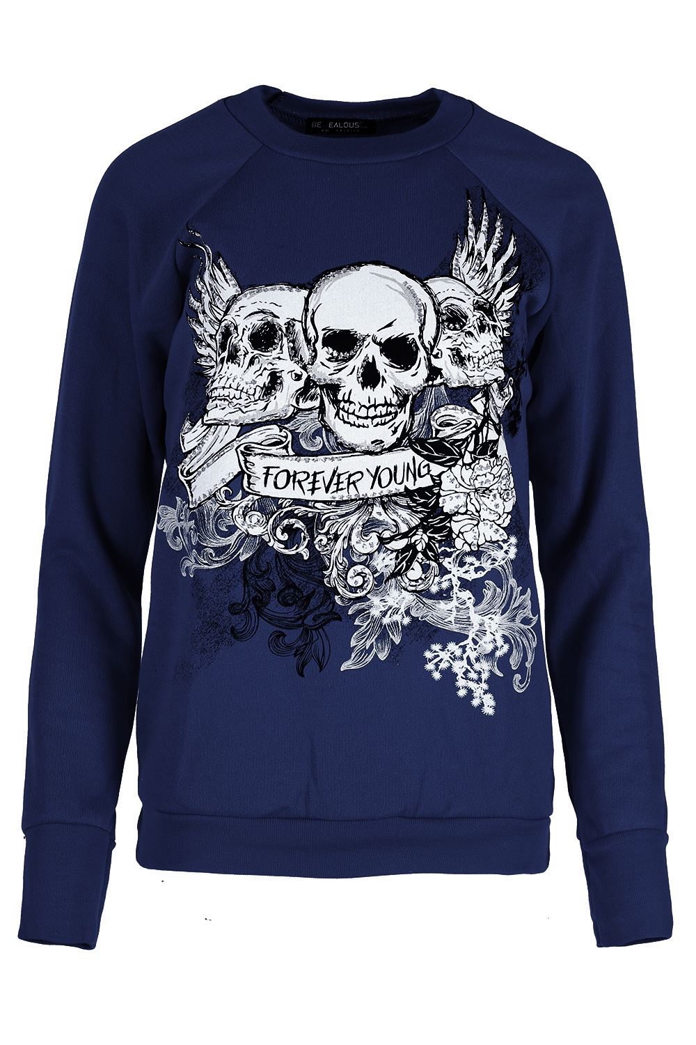 Womens Halloween Costume Tops Ladies Fancy Skull Forever Young Fleece Sweatshirt - Picture 5 of 9
