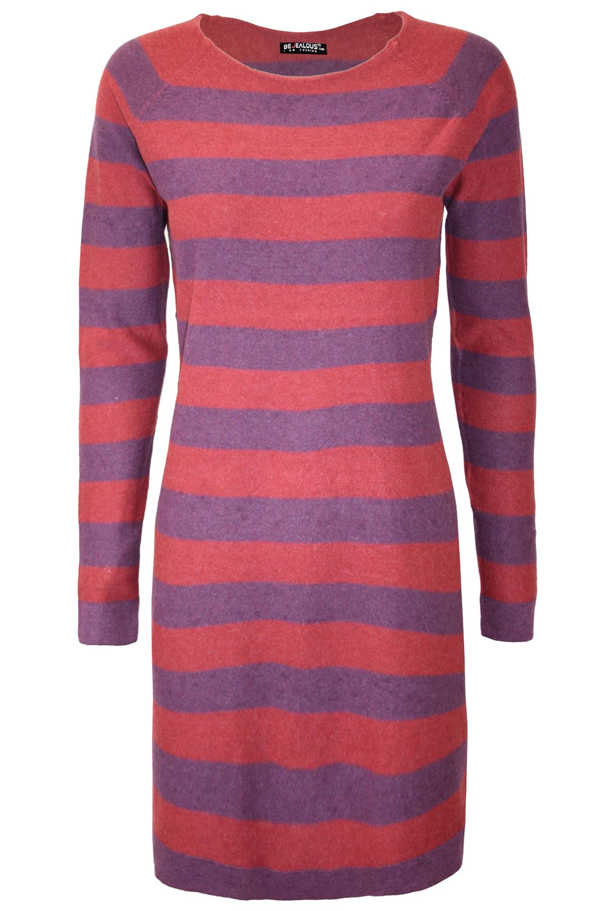 Womens Ladies Round Neck 2 Tone Knit Contrast Stripe Long Sleeve Long Mini Dress - Picture 2 of 4