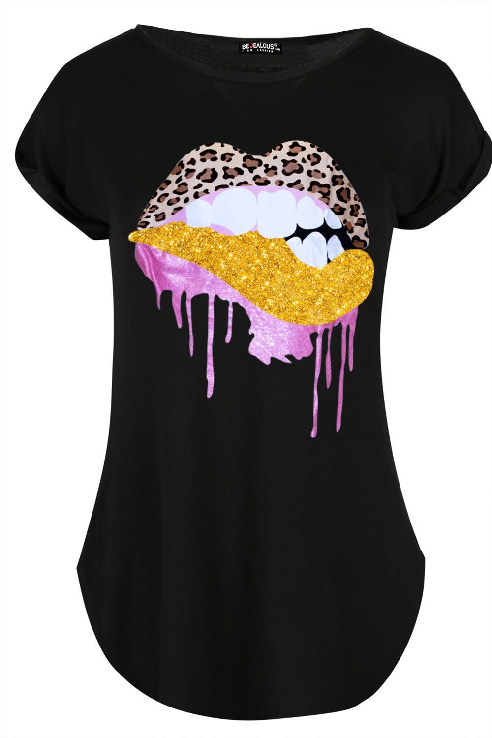 Womens Ladies Turn Up Cap Sleeve Glitter Biting Leopard Lips Curved Hem T Shirt - Picture 2 of 7