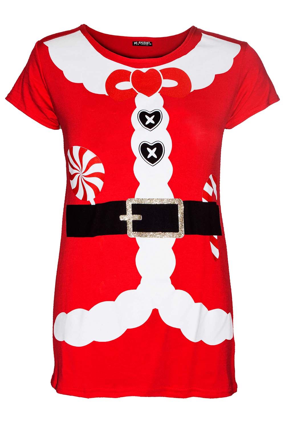 Womens Ladies Santa Costume Belt Print Long Sleeve Gift Christmas Xmas T Shirt - Picture 69 of 72