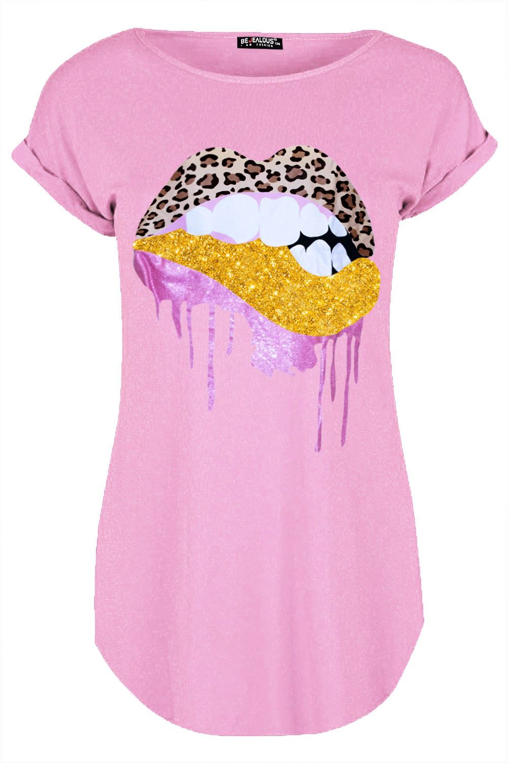Womens Ladies Turn Up Cap Sleeve Glitter Biting Leopard Lips Curved Hem T Shirt - Picture 6 of 7