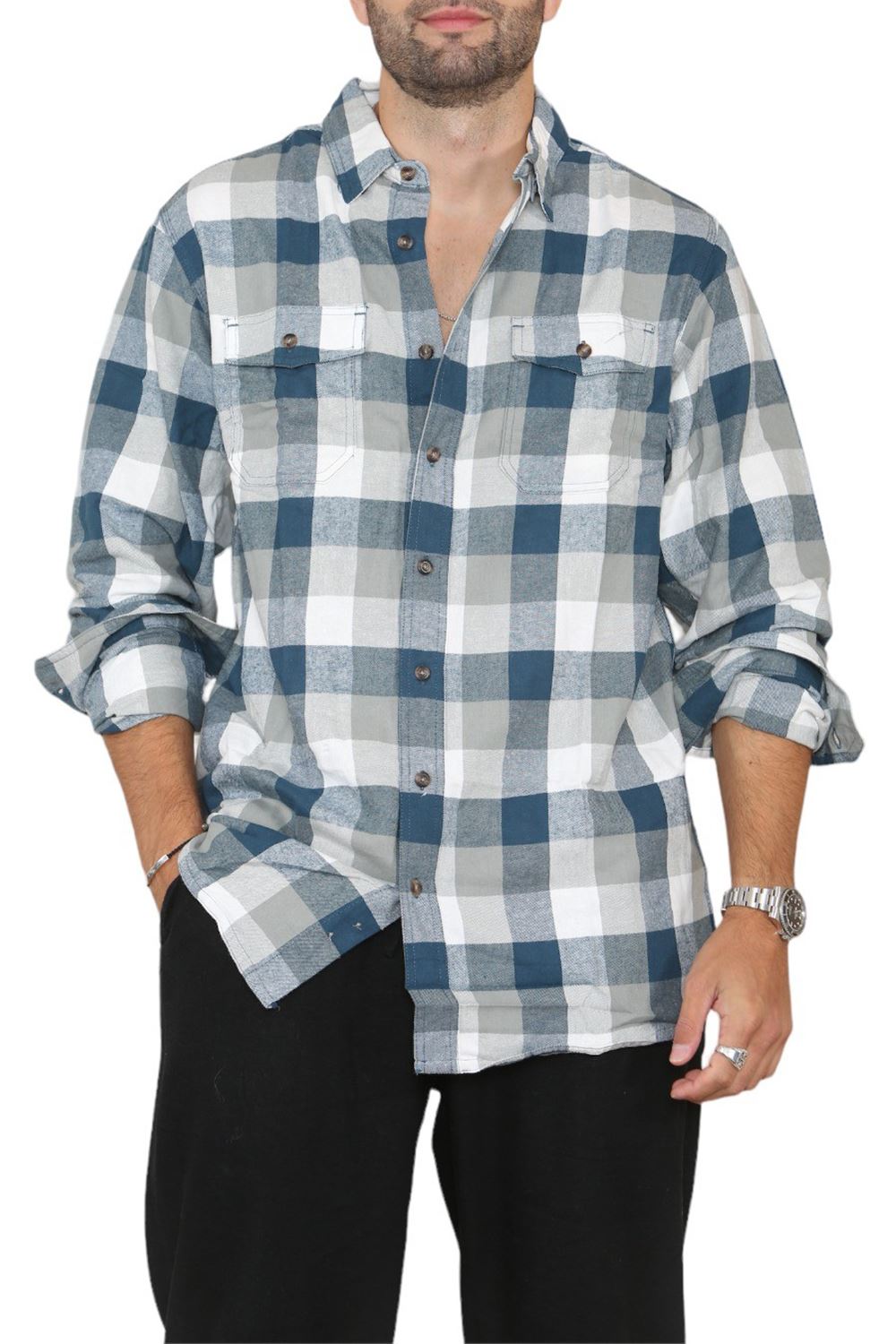 New Men Collared Causal Flannel Casual Long Sleeve Outdoor Shirt Plain Shirt UK - Picture 8 of 13