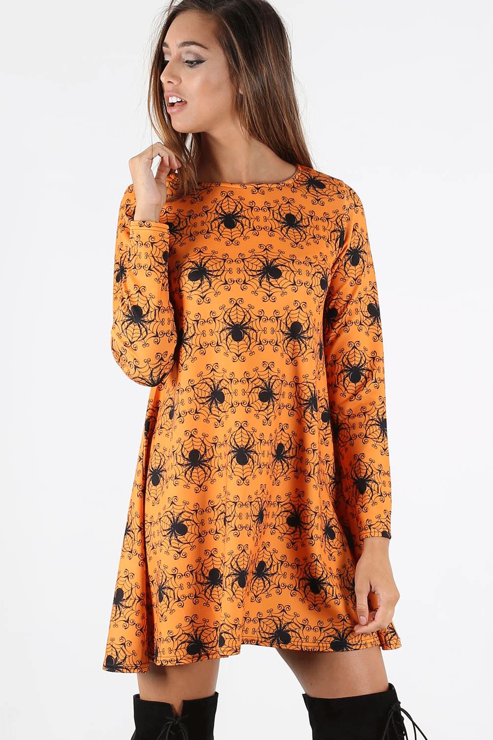 Ladies Womens Skeleton Spider Pumpkin Hallowen Skeleton Smock Swing Mini Dress - Picture 34 of 43