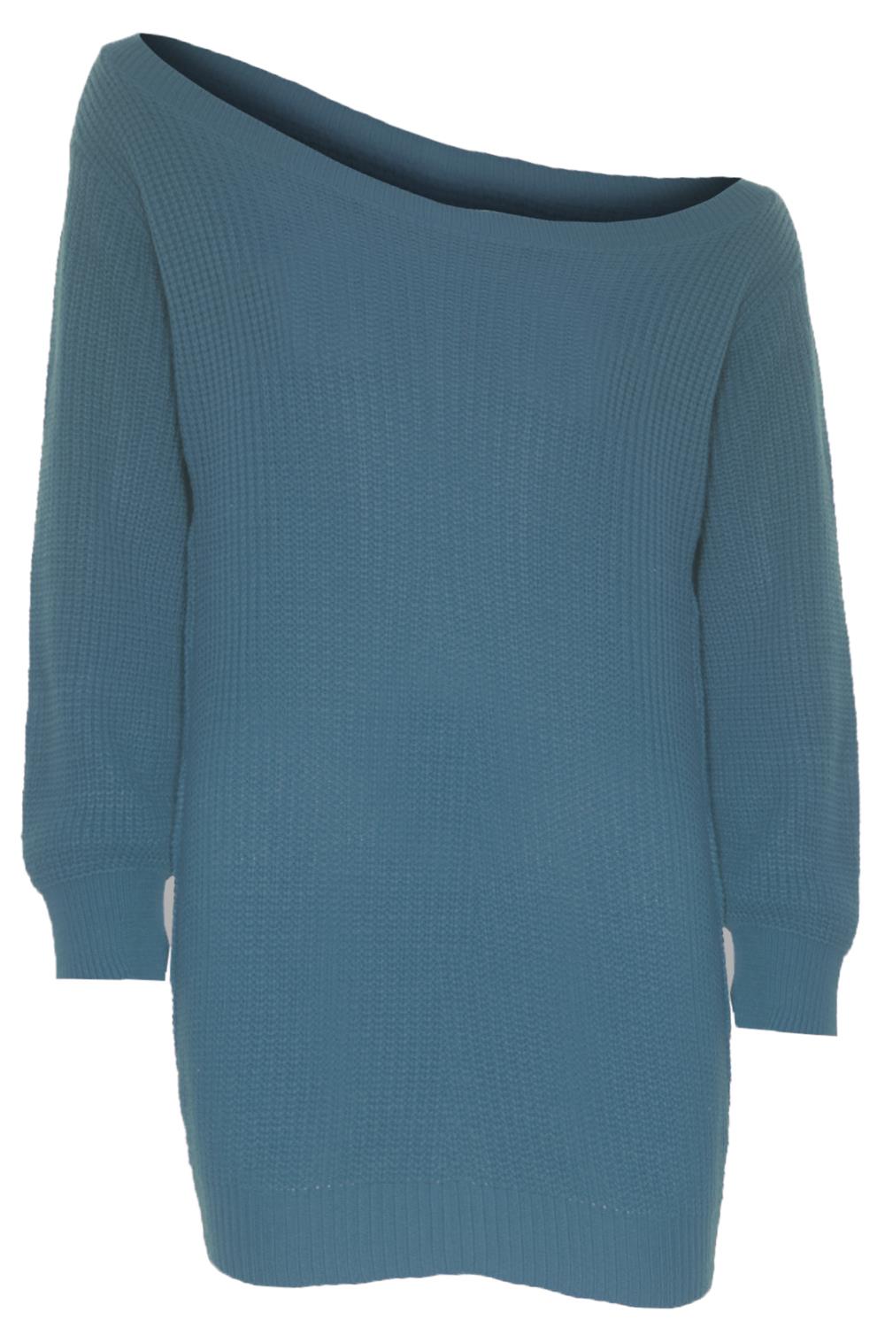 Damen Grobstrick Damen Schulterfrei Langarm Bardot Pullover Kleid Plus Größe - Bild 10 von 16