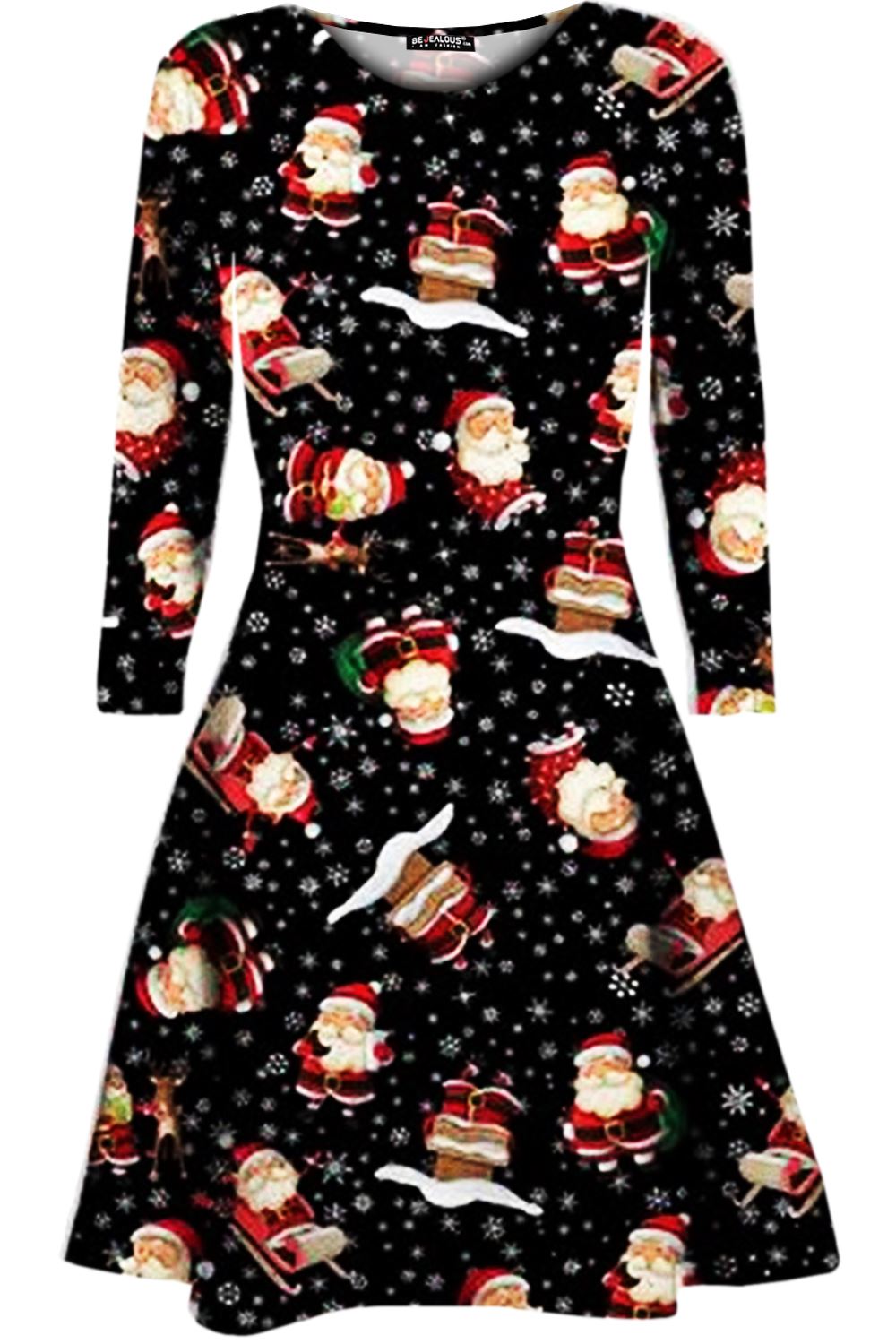 Kids Christmas Printed Casual Long Sleeve Girls Xmas Flared Mini Swing Dresses - Picture 30 of 30