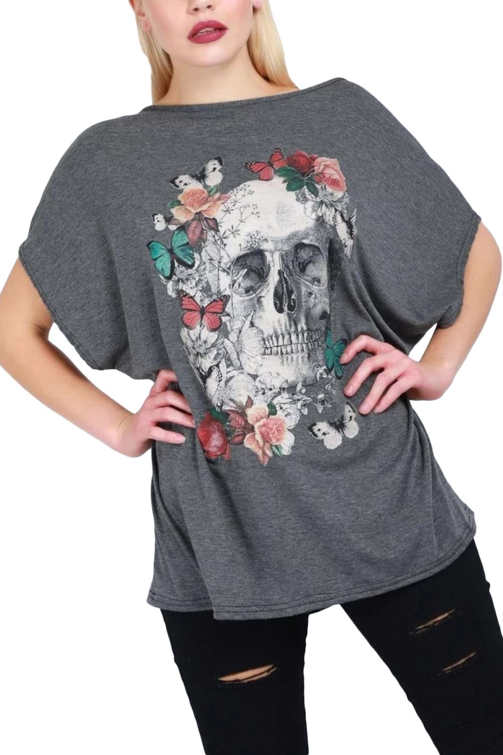 Womens Batwing Halloween Skull Floral Crown Off Shoulder Lagenlook Baggy T Shirt - Picture 113 of 116