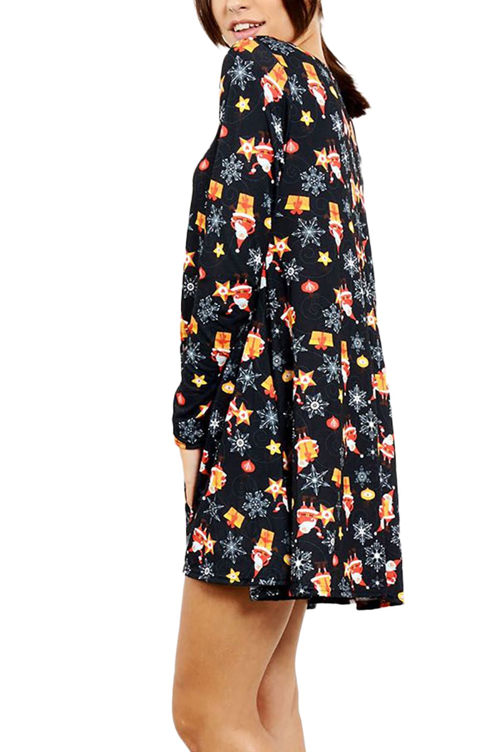 Womens Ladies Xmas Santa Gifts Snowman Christmas Printed Skater Mini Swing Dress - Picture 15 of 35