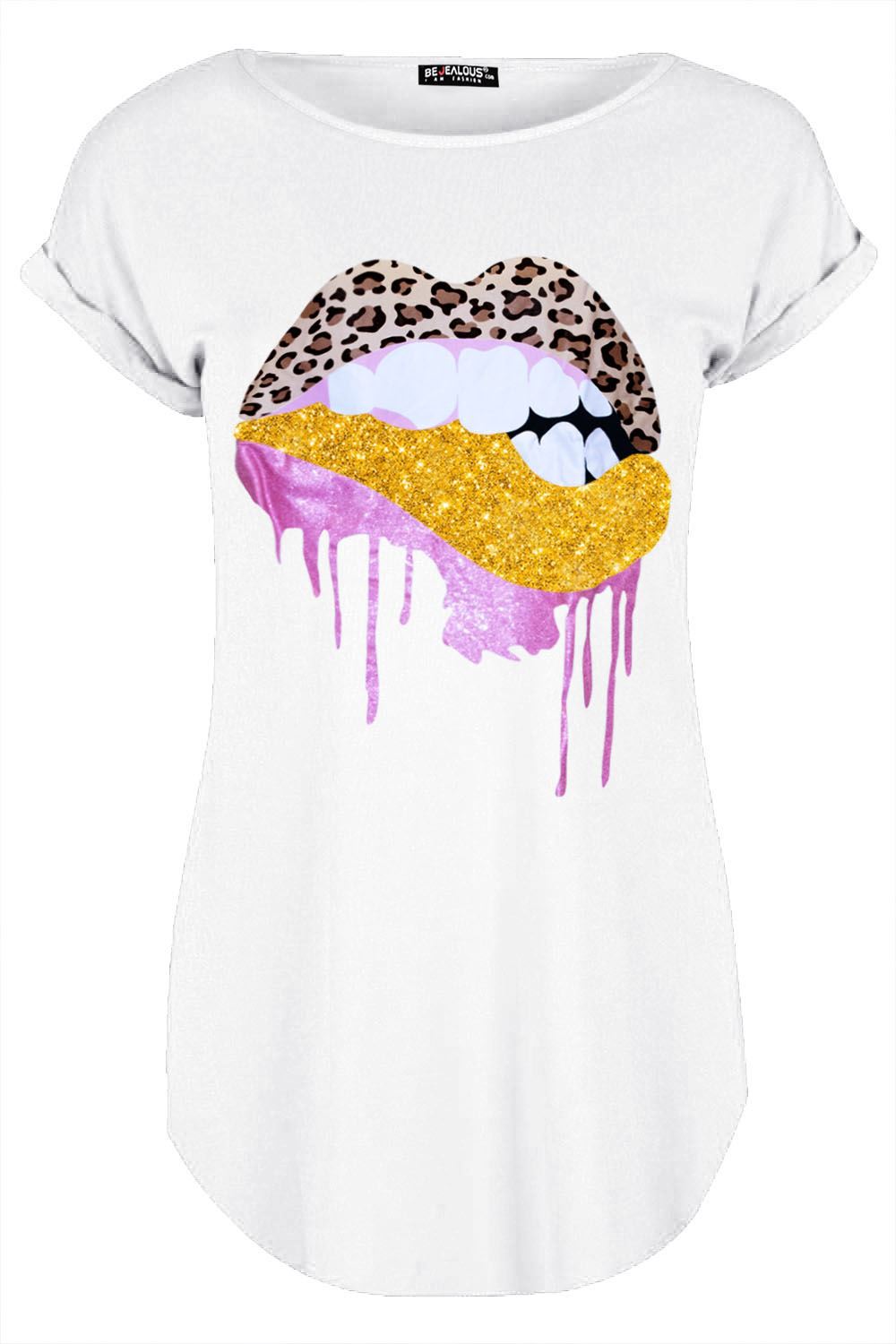 Womens Ladies Turn Up Cap Sleeve Glitter Biting Leopard Lips Curved Hem T Shirt - Picture 7 of 7