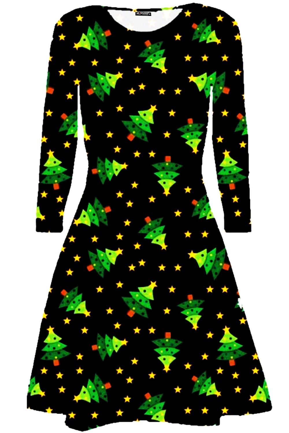 Kids Christmas Printed Casual Long Sleeve Girls Xmas Flared Mini Swing Dresses - Picture 18 of 30