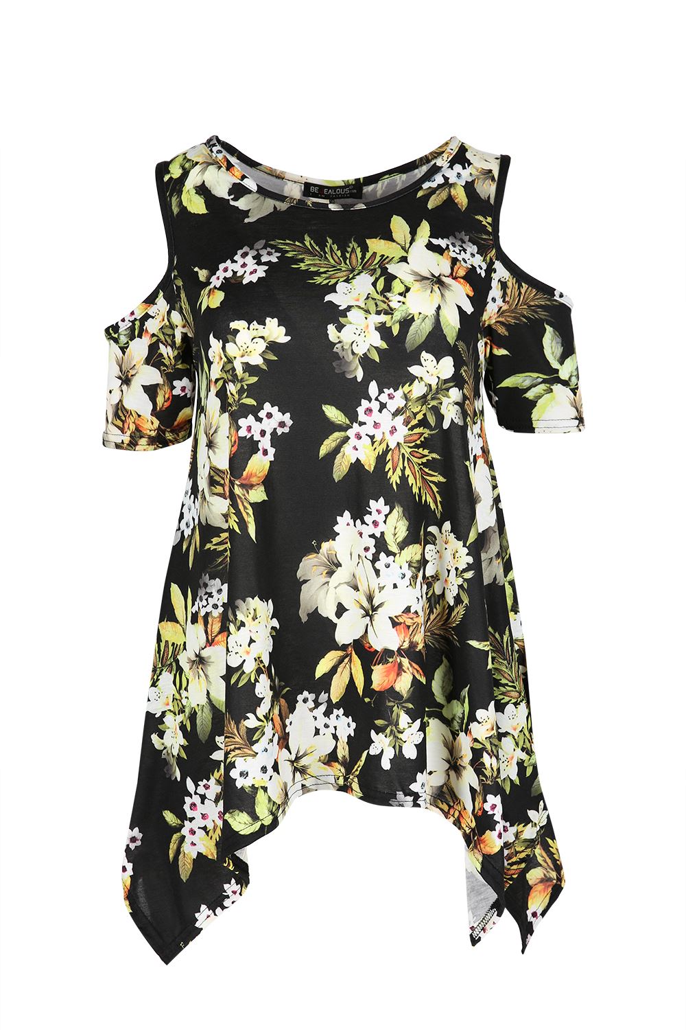 Womens Floral Cap Sleeve Ladies Cold Cut Shoulder Hanky Hem Baggy Oversized Top - Picture 10 of 58