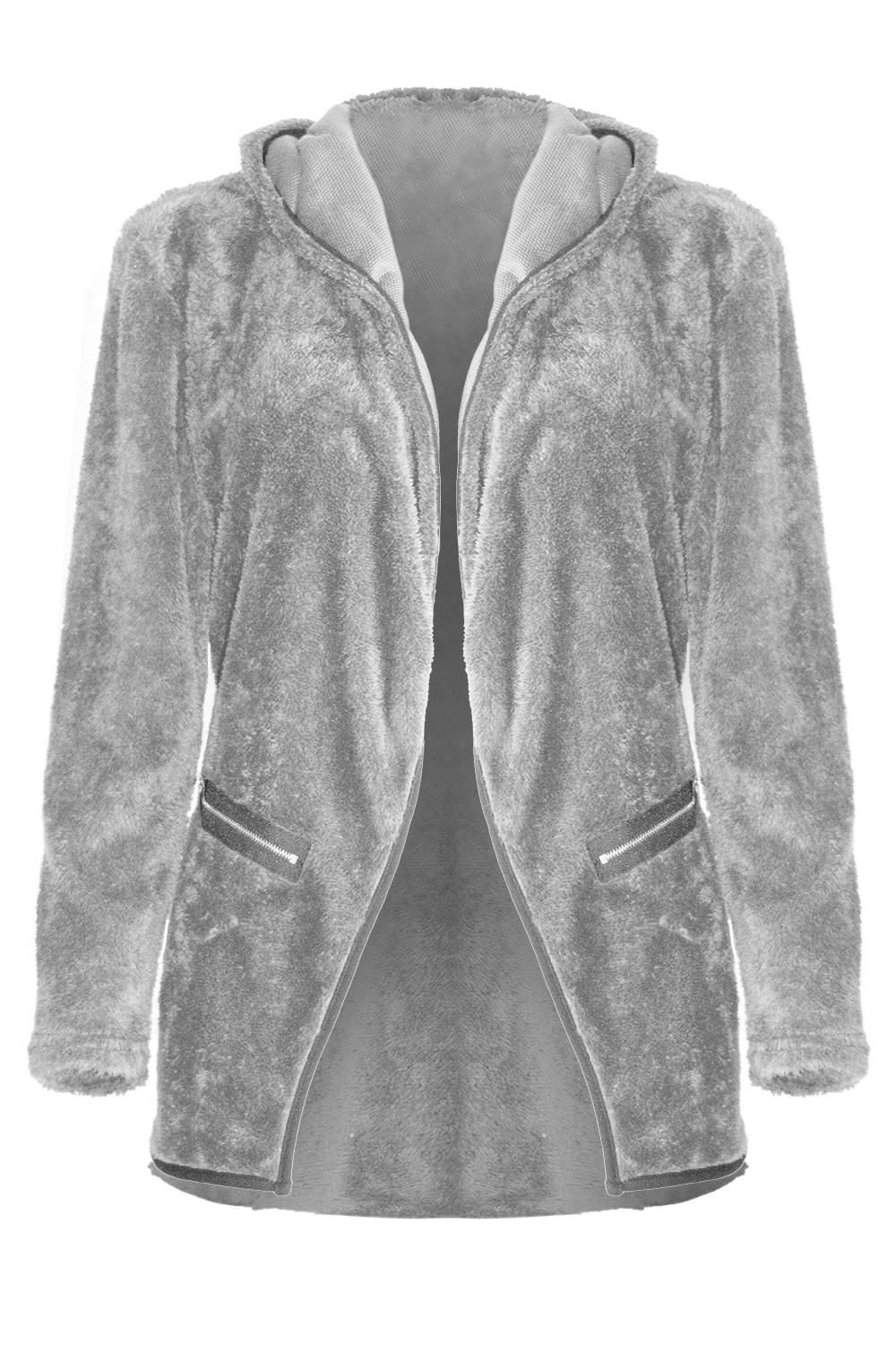 Womens Ladies Fleece Cardigan Zip Pocket Long Sleeve Fluffy Faux Fur Jacket Coat - Picture 20 of 22
