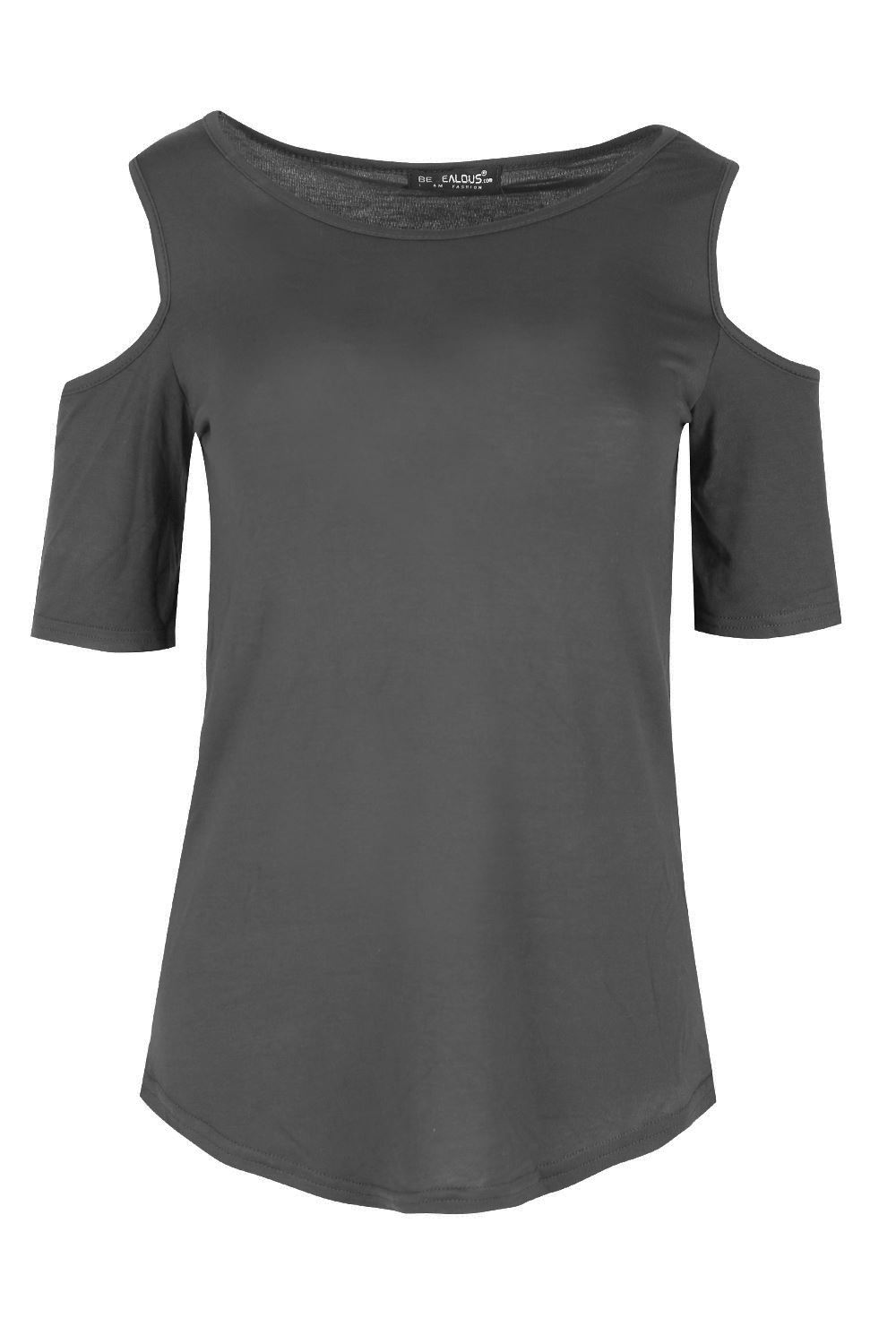 Plus Size Women Ladies Plain Baggy Oversize Cold Shoulder Curved Hem T-Shirt Top - Picture 6 of 11