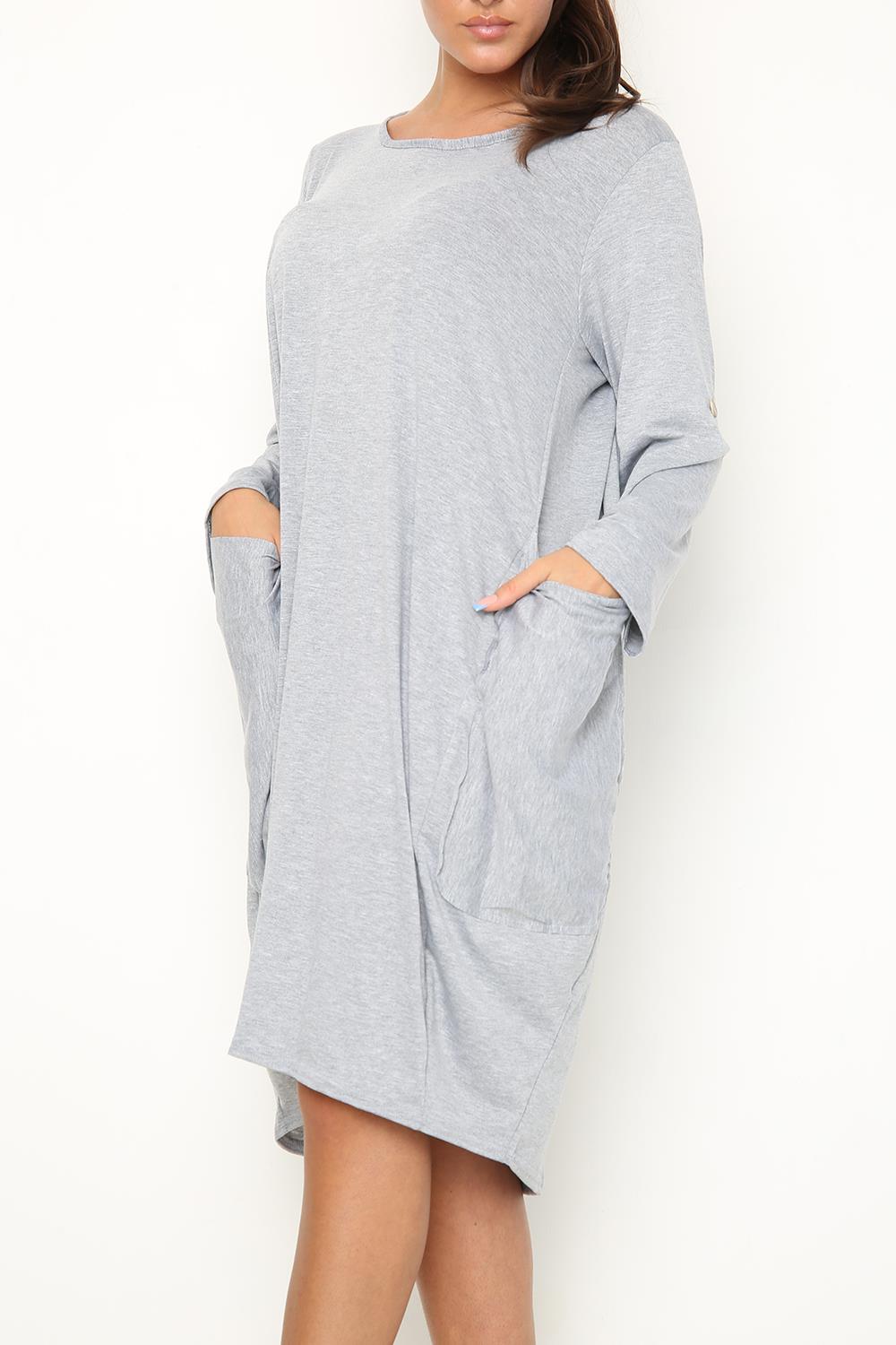 Women Side Pockets Fleece Baggy Ladies High Low Turn Up Sleeve Sweatshirt Dress - Picture 15 of 16