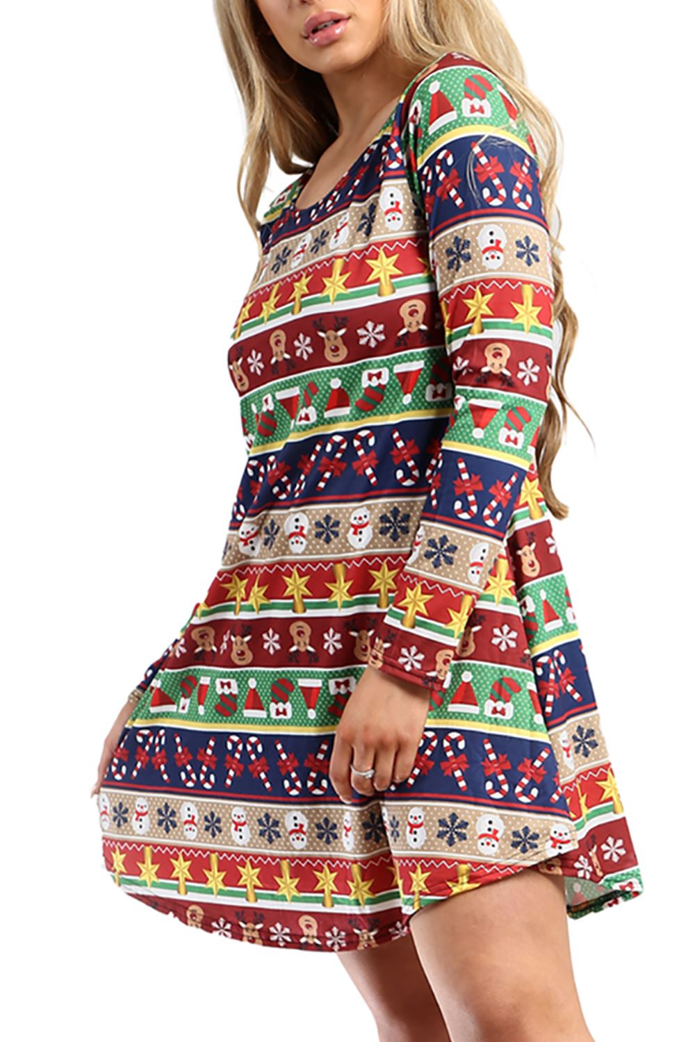 Womens Ladies Xmas Santa Gifts Snowman Christmas Printed Skater Mini Swing Dress - Picture 34 of 35