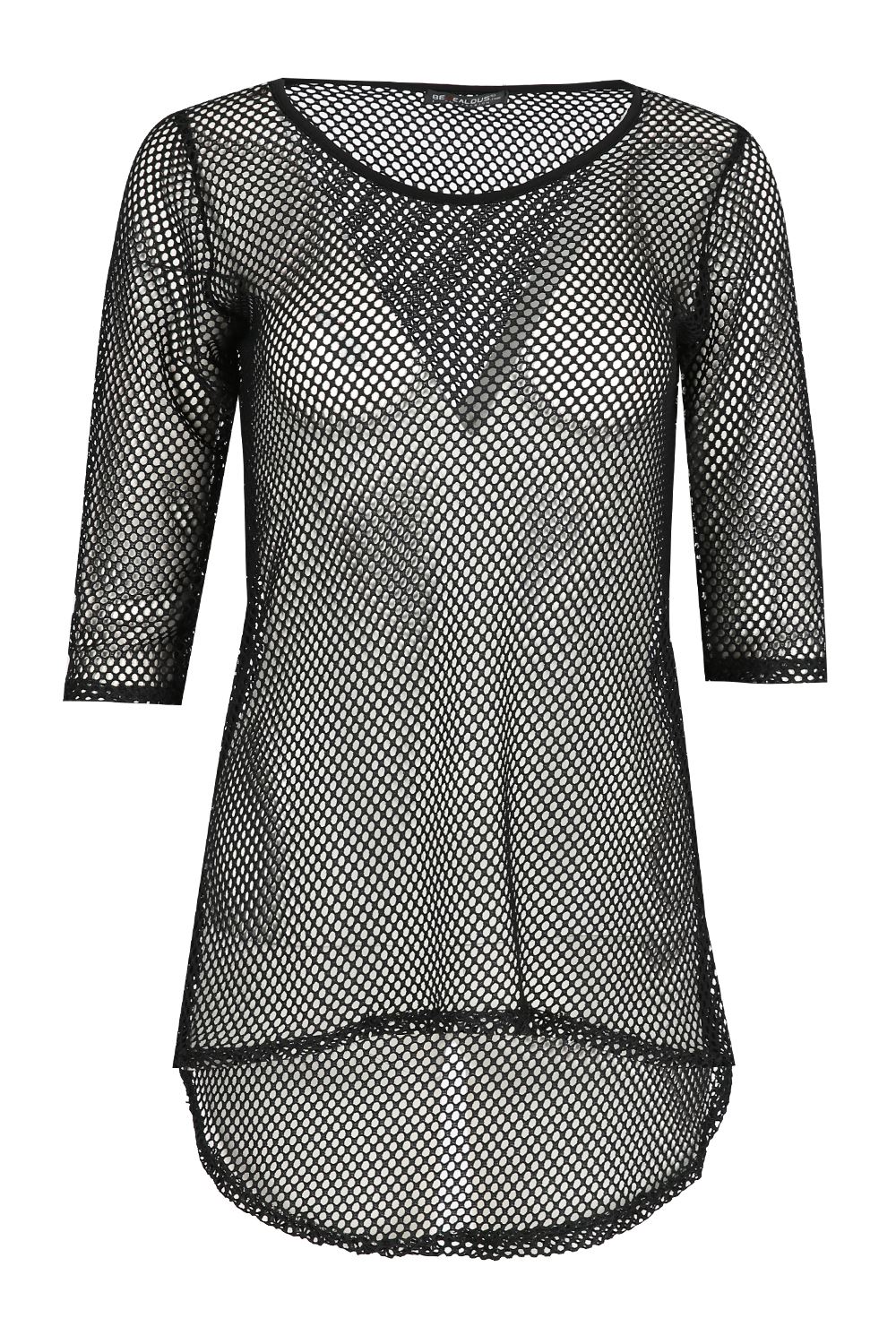 Womens Ladies Round Neck Fish Net 3//4 Sleeve See Through Curved Hem Hi Lo Top