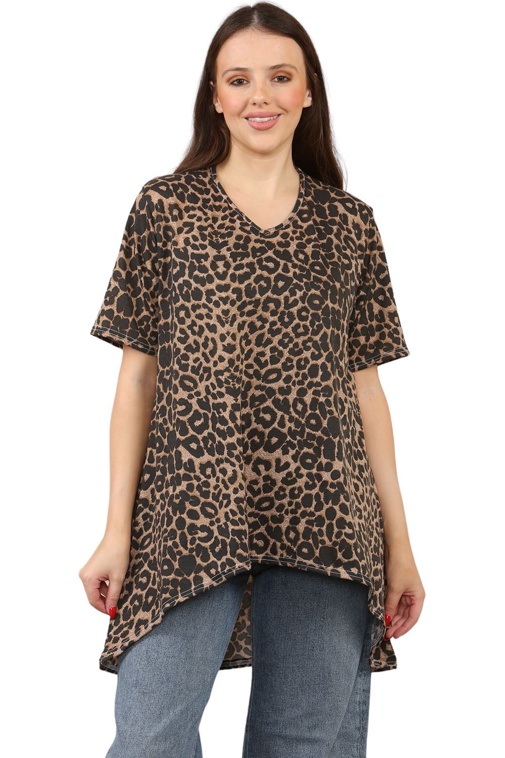 Womens Ladies V-Neck Short Sleeve Long Swing High Low Dipped Hem T-Shirt Top - Picture 8 of 40