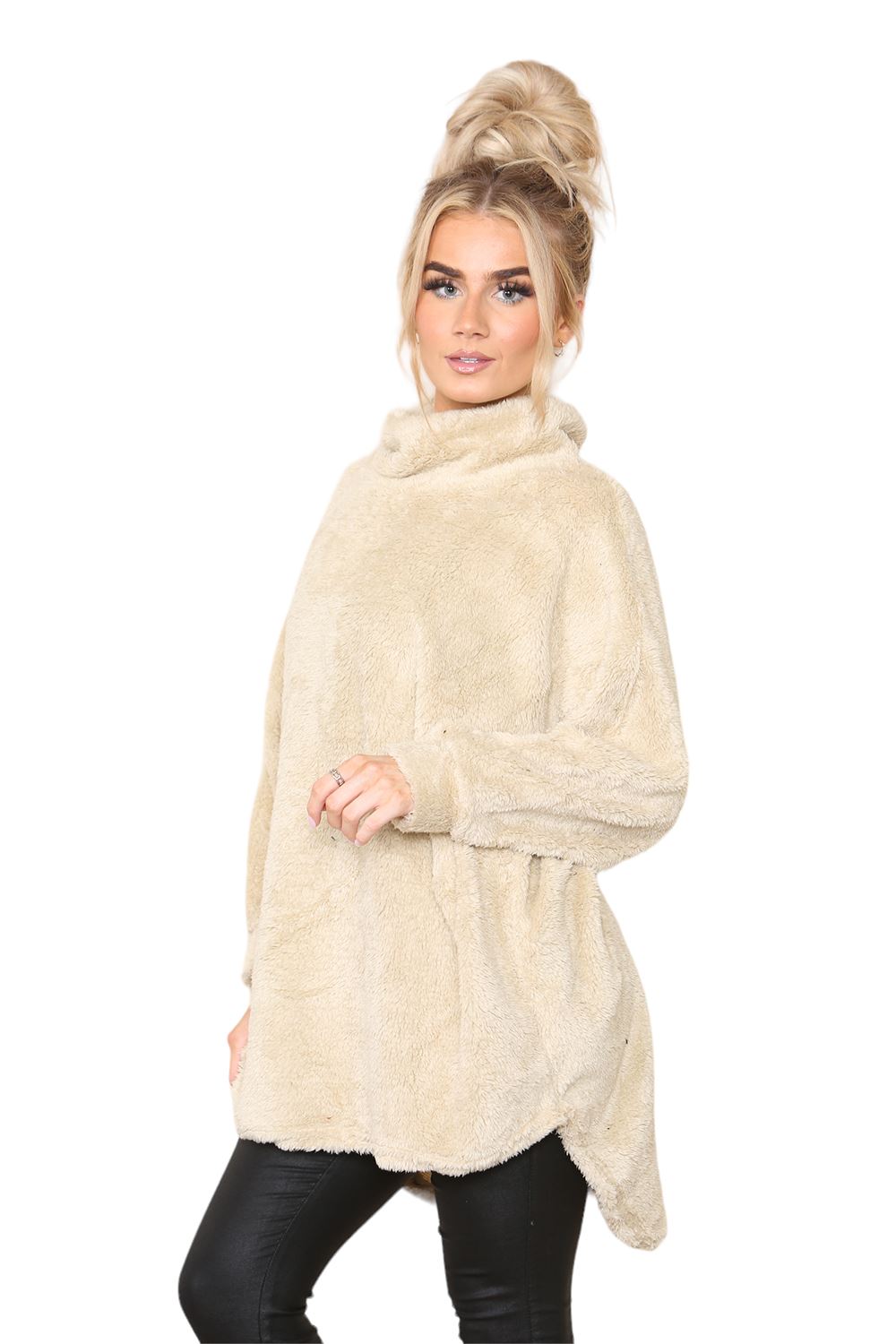 Womens Ladies Fleece Turtle Cowl Neck Baggy Long Sleeve Fluffy Faux Fur Jumper - Picture 11 of 12
