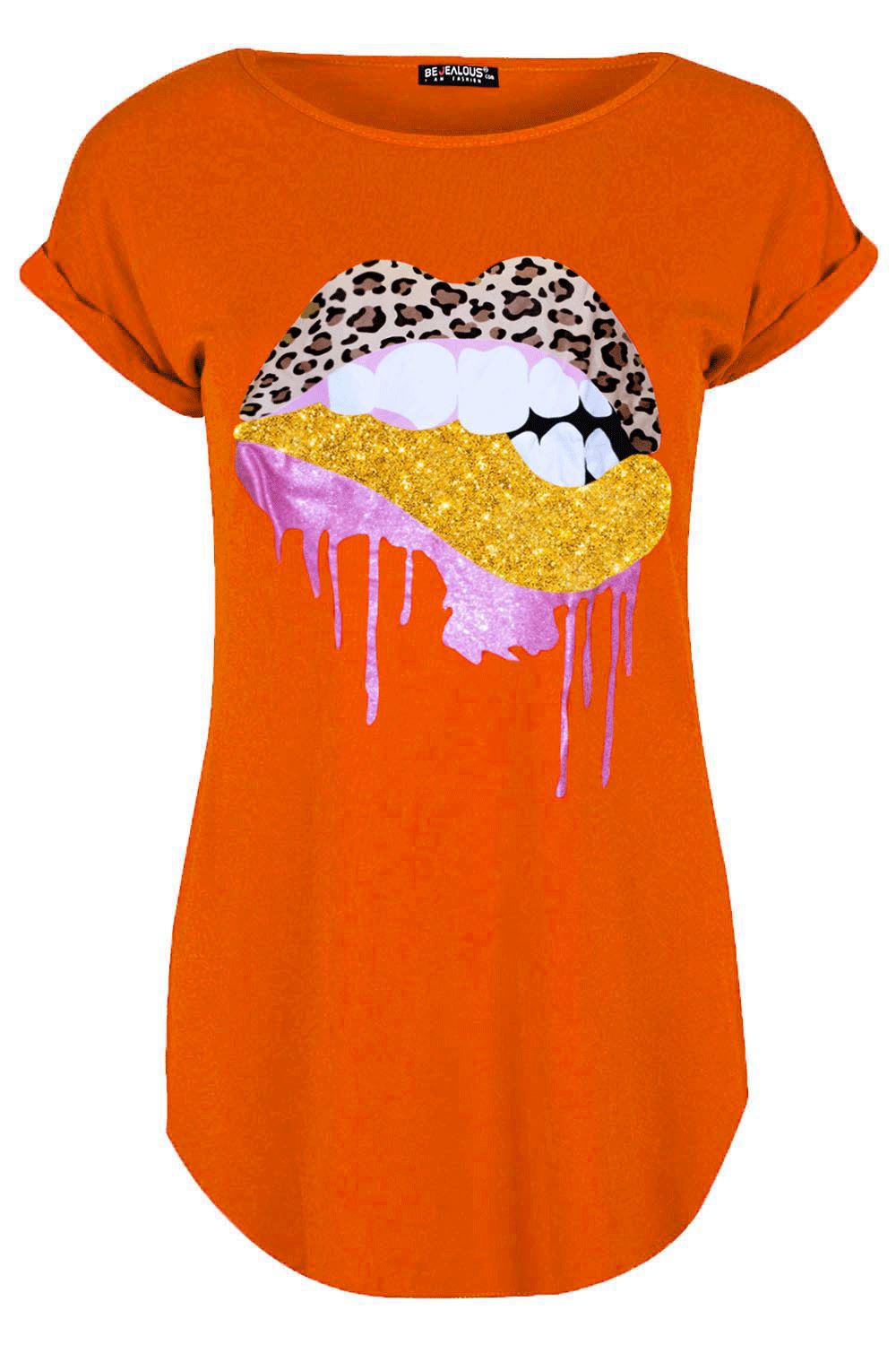 Womens Ladies Glitter Biting Leopard Lips Turn Up Cap Sleeve Curved Hem T Shirt - Picture 8 of 8
