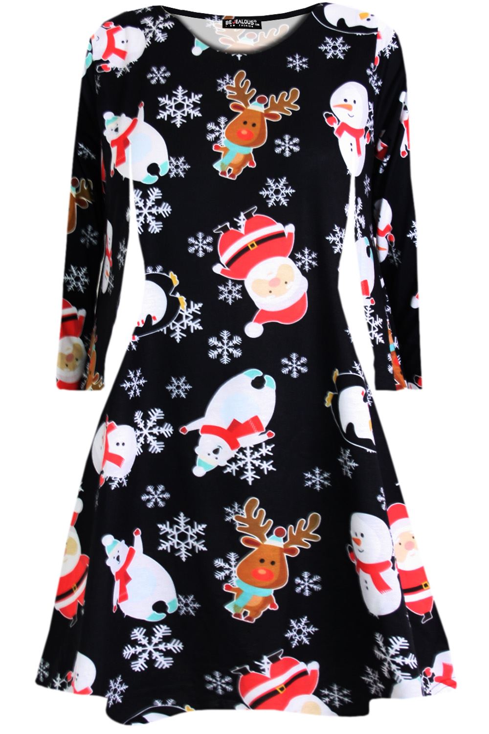 Kids Christmas Printed Casual Long Sleeve Girls Xmas Flared Mini Swing Dresses - Picture 12 of 30