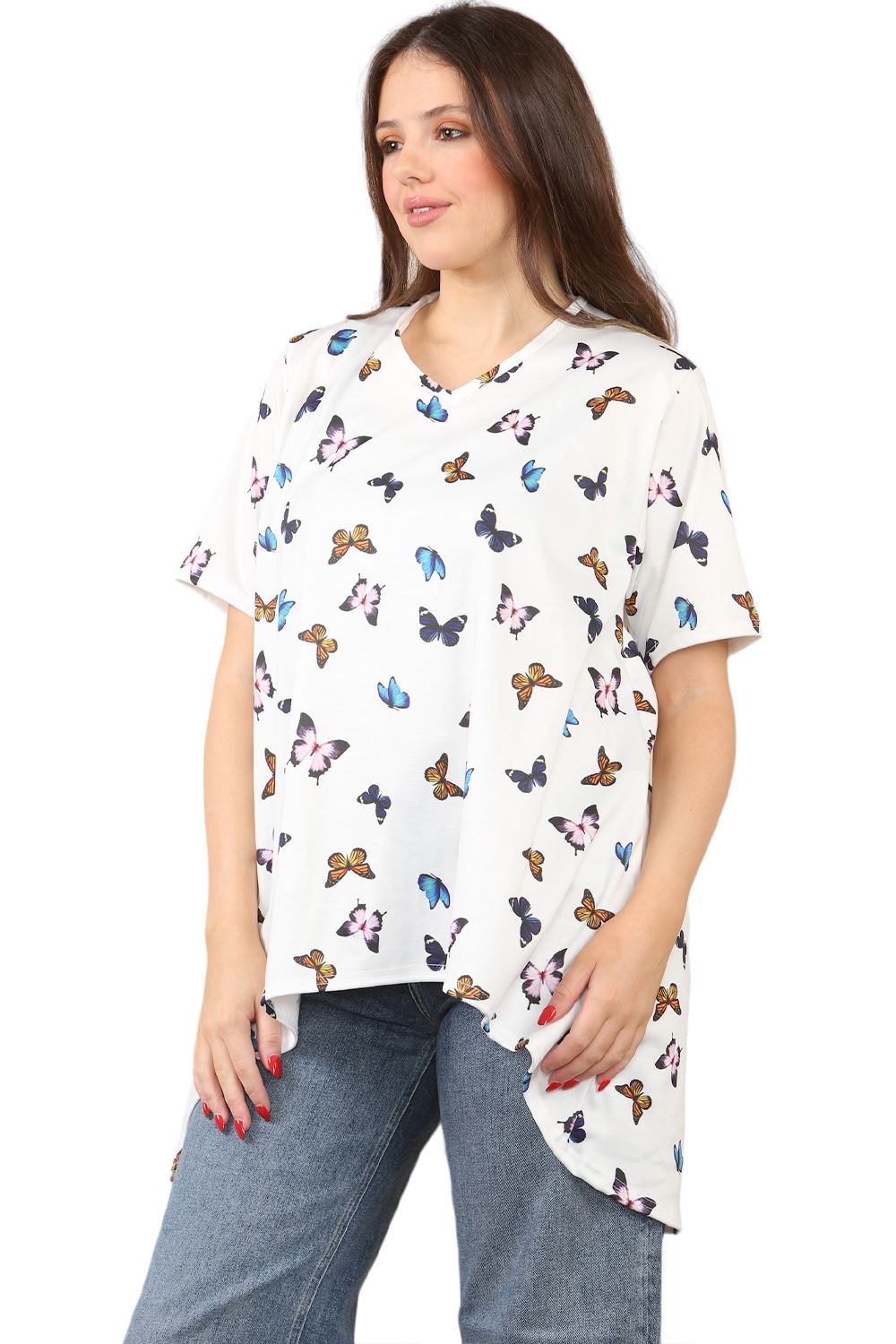 Womens Ladies V-Neck Short Sleeve Long Swing High Low Dipped Hem T-Shirt Top - Picture 13 of 40