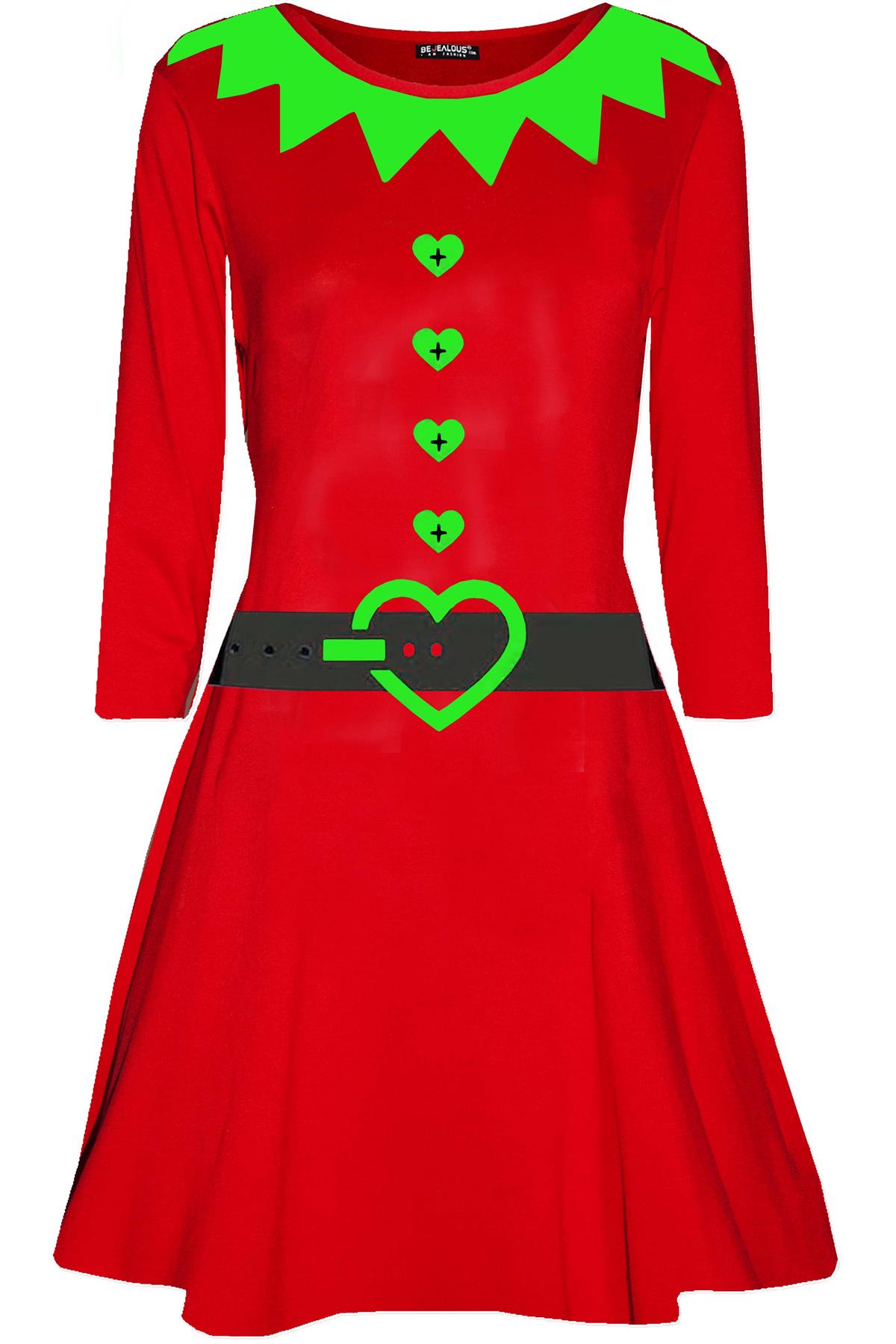New Womens Ladies Xmas Santa Costume Candy Belted Ribbon Swing Flared Mini Dress - Picture 3 of 43