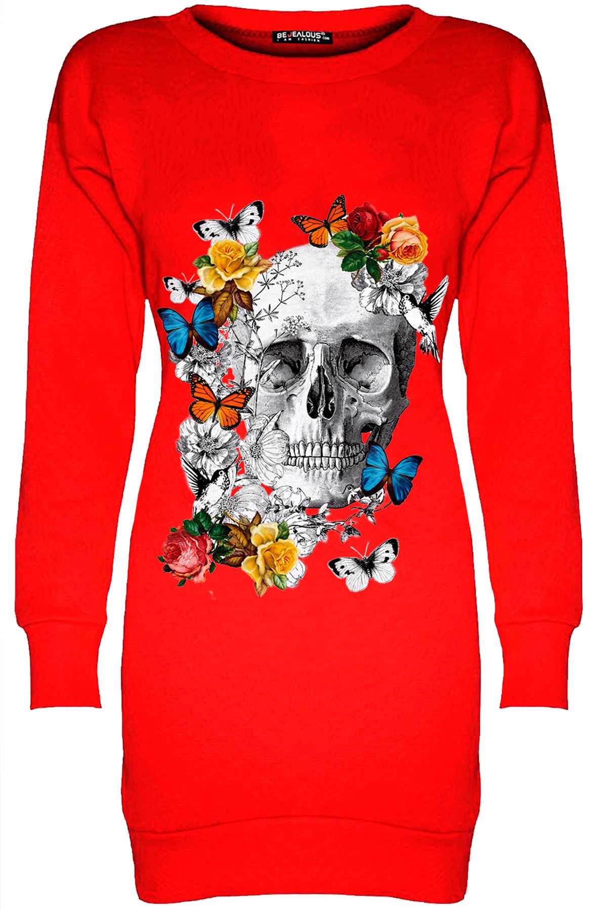 Womens Ladies Flowers Fleece Long Butterfly Skull Sweatshirt Tunic Mini Dress - Picture 3 of 8