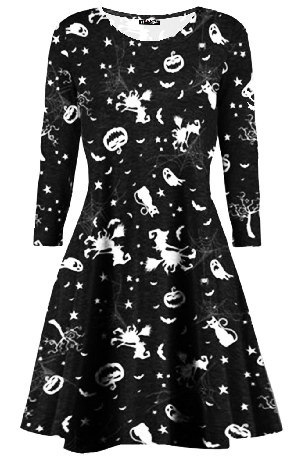Ladies Womens Skeleton Spider Pumpkin Hallowen Skeleton Smock Swing Mini Dress - Picture 11 of 43