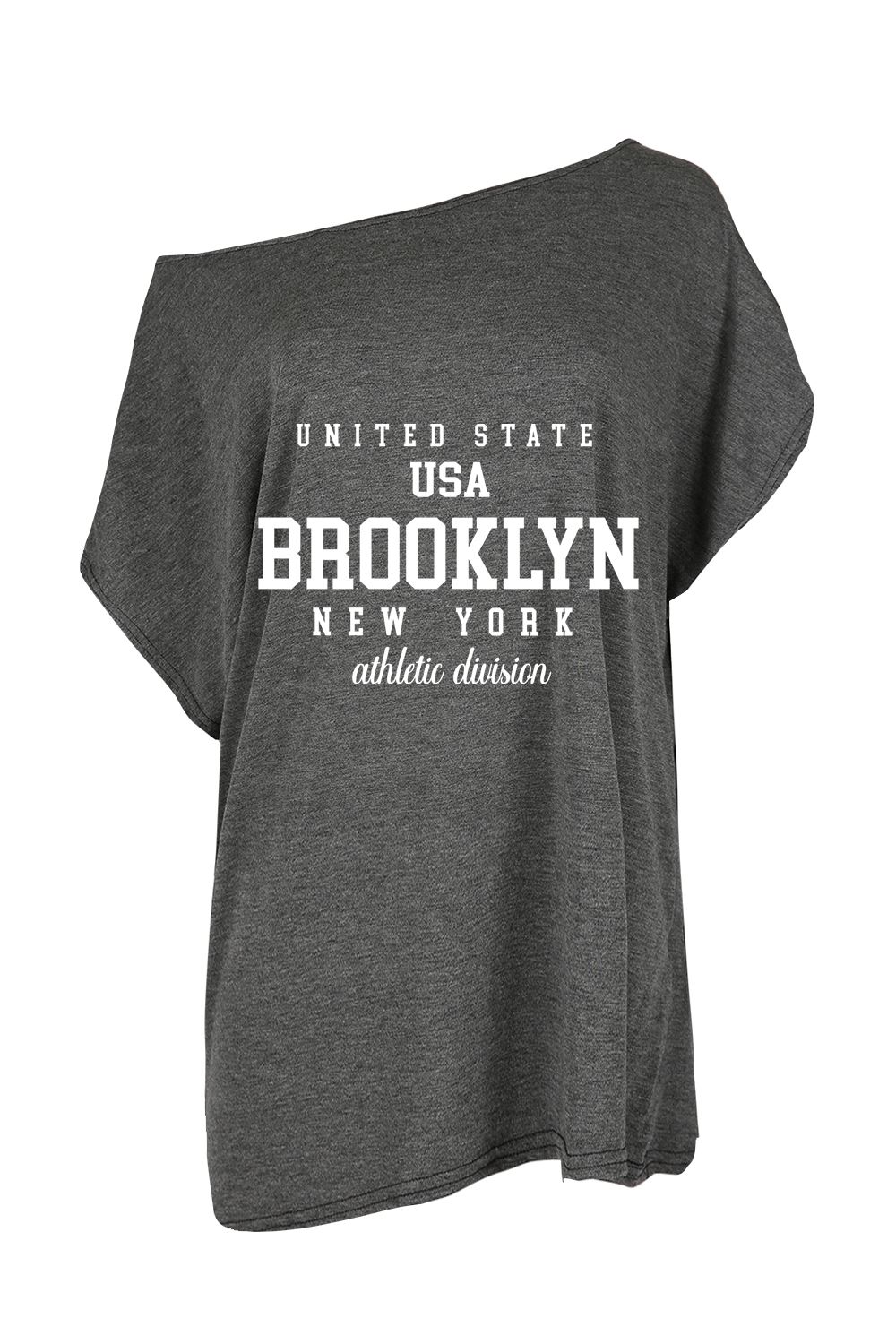 Womens Brooklyn USA Slogan One Shoulder Oversized Batwing Sleeve Summer T Shirt - Picture 17 of 36