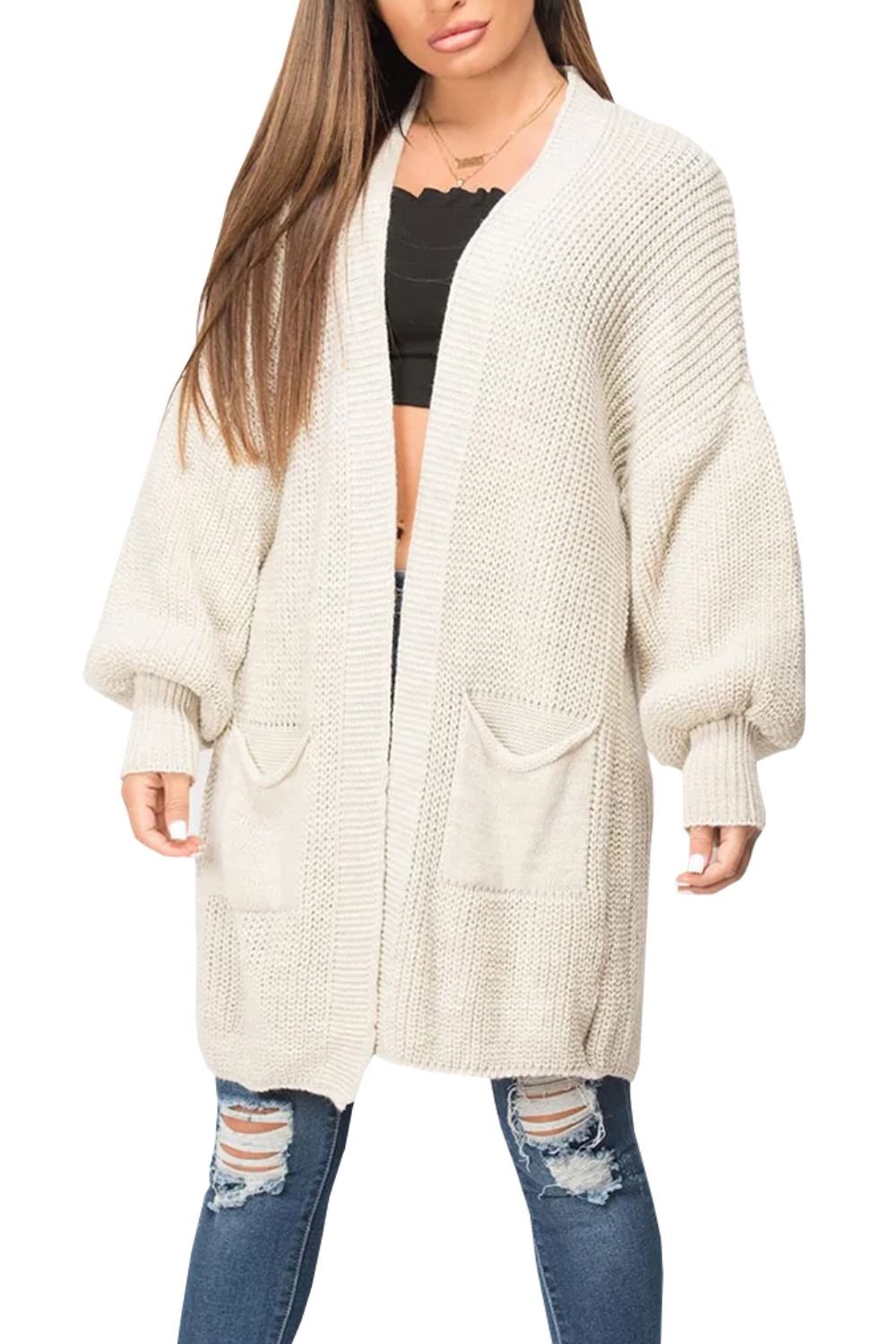 Womens Ladies Long Sleeve Pockets Oversize Open Front Chunky Rib Jumper Cardigan - Picture 11 of 12