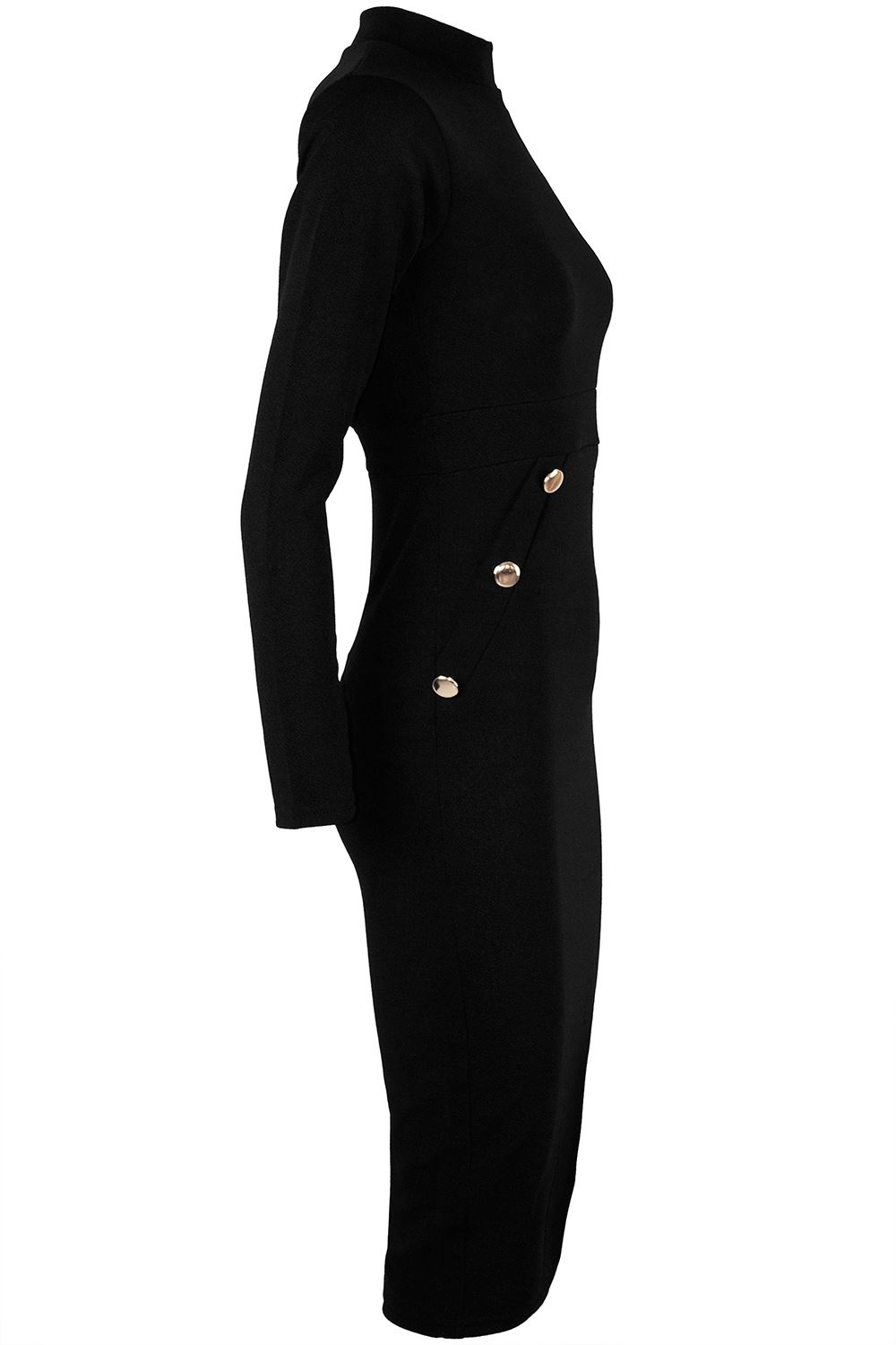Womens Ladies Side Gold Buttons Polo Turtle Neck Long Sleeve Bodycon Midi Dress - Picture 3 of 10