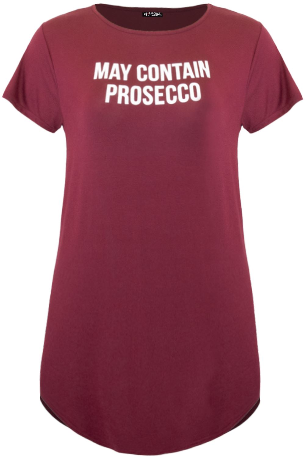 Plus Size Ladies Womens Short Sleeve CONTAINS PROSECCO Curved Hem T Shirt Dress