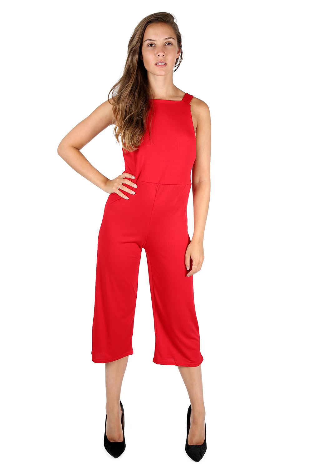 Womens Ladies 3/4 Length All In One Dungaree Wide Leg Palazzo Playsuit Jumpsuit eBay