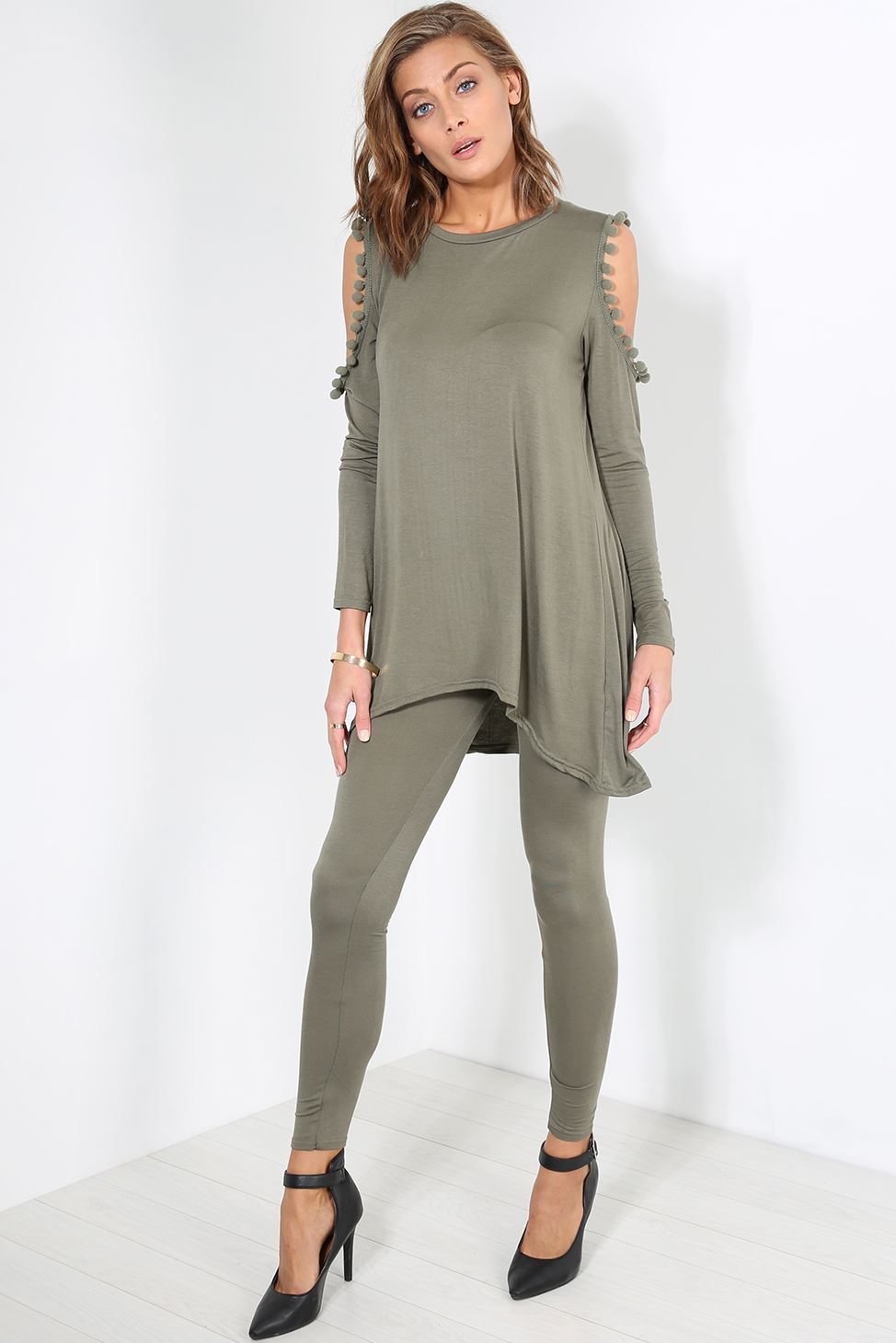 Ladies Cold Shoulder Pom Pom Loungewear Womens Batwing Tops Jog Suit