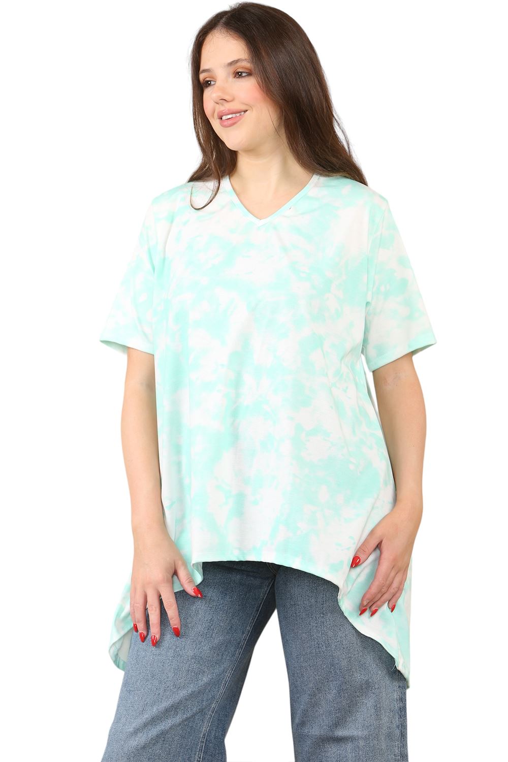 Womens Ladies V-Neck Short Sleeve Long Swing High Low Dipped Hem T-Shirt Top - Picture 34 of 40
