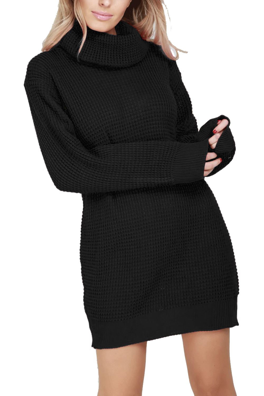 Plus Size Womens Ladies Chunky Knitted Long Sleeve Roll Cowl Neck Jumper Dress - Picture 14 of 19