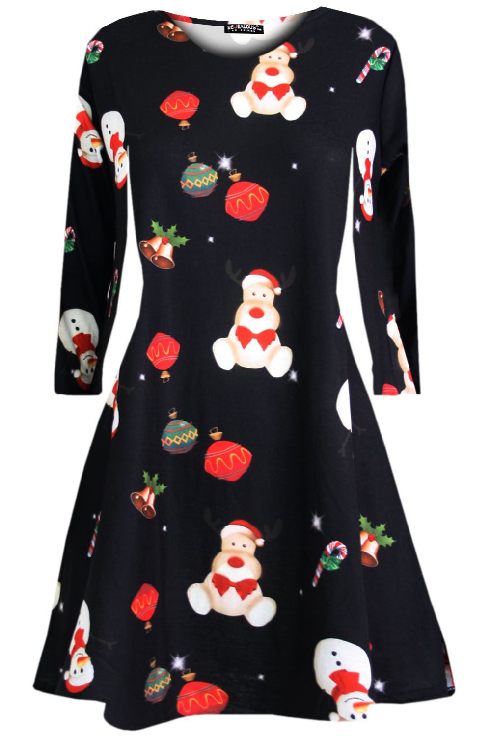 Kids Christmas Printed Casual Long Sleeve Girls Xmas Flared Mini Swing Dresses - Picture 2 of 30