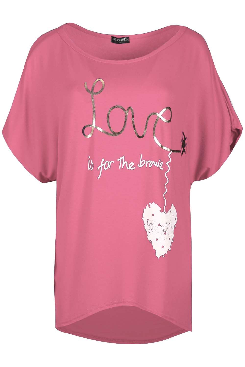 Ladies Oversized LOVE BRAVE HEART Printed Womens Baggy Batwing Hi Lo T Shirt Top - Picture 9 of 75