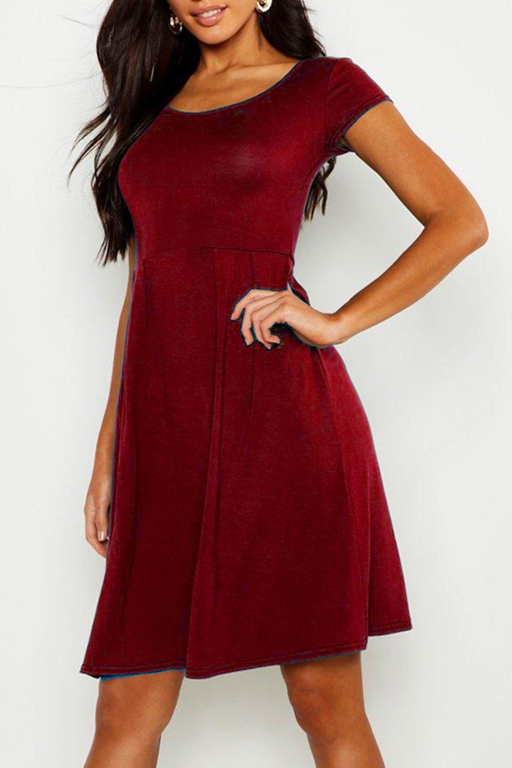 New Ladies Womens Short Sleeve Flare Pleated Round Neck Swing Skater Mini Dress - Picture 7 of 11