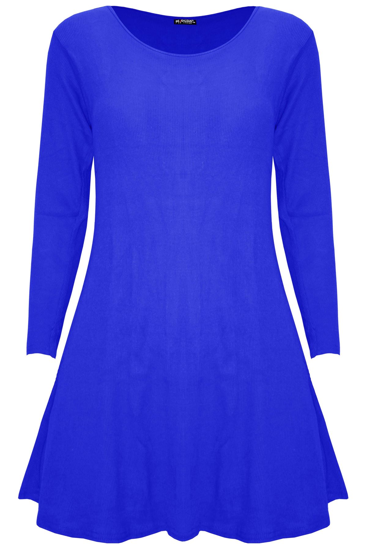 Womens Ladies Smock Ribbed Long Sleeve Stretchy A-Line Swing Flared Mini Dress - Picture 10 of 13