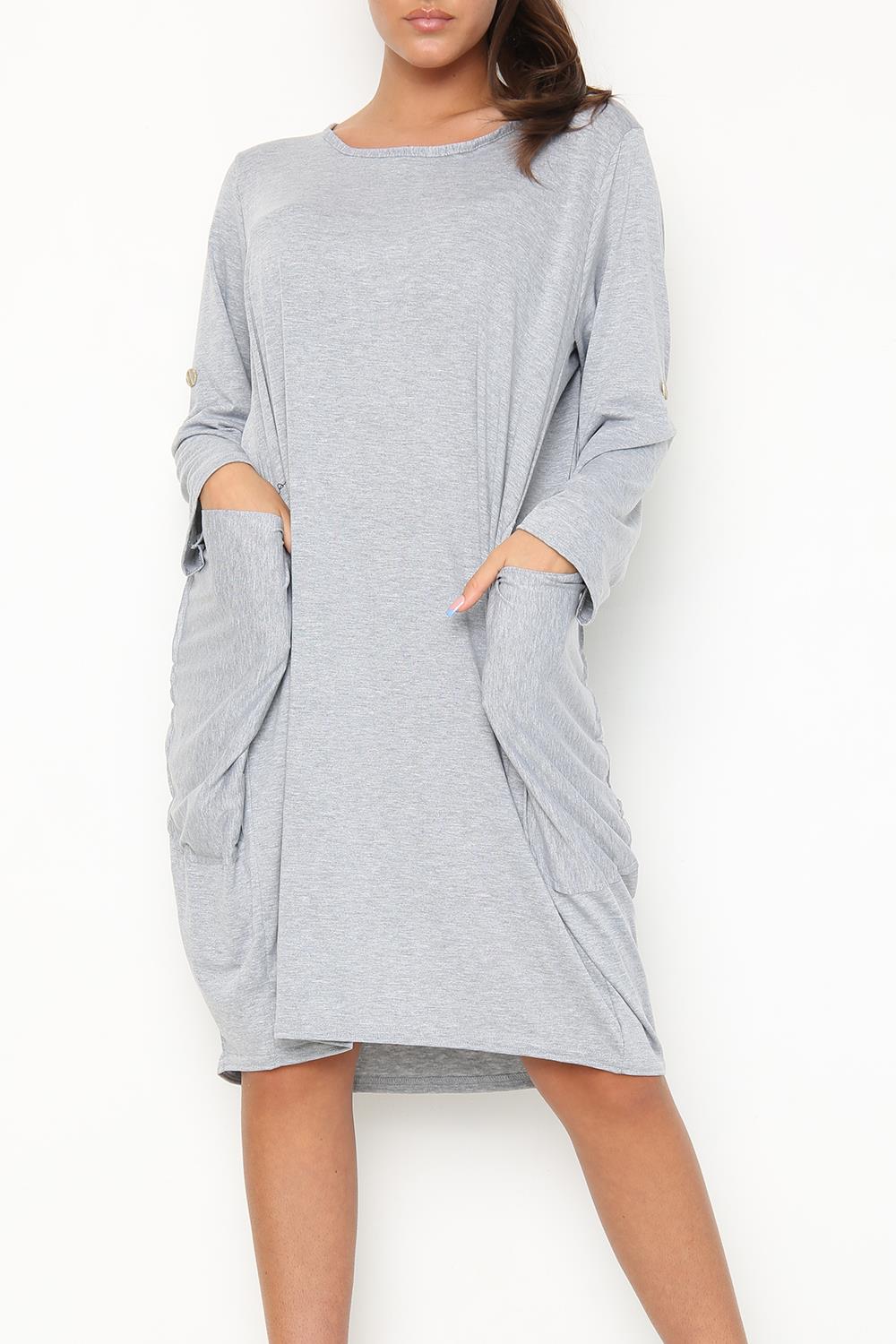 Women Side Pockets Fleece Baggy Ladies High Low Turn Up Sleeve Sweatshirt Dress - Picture 14 of 16