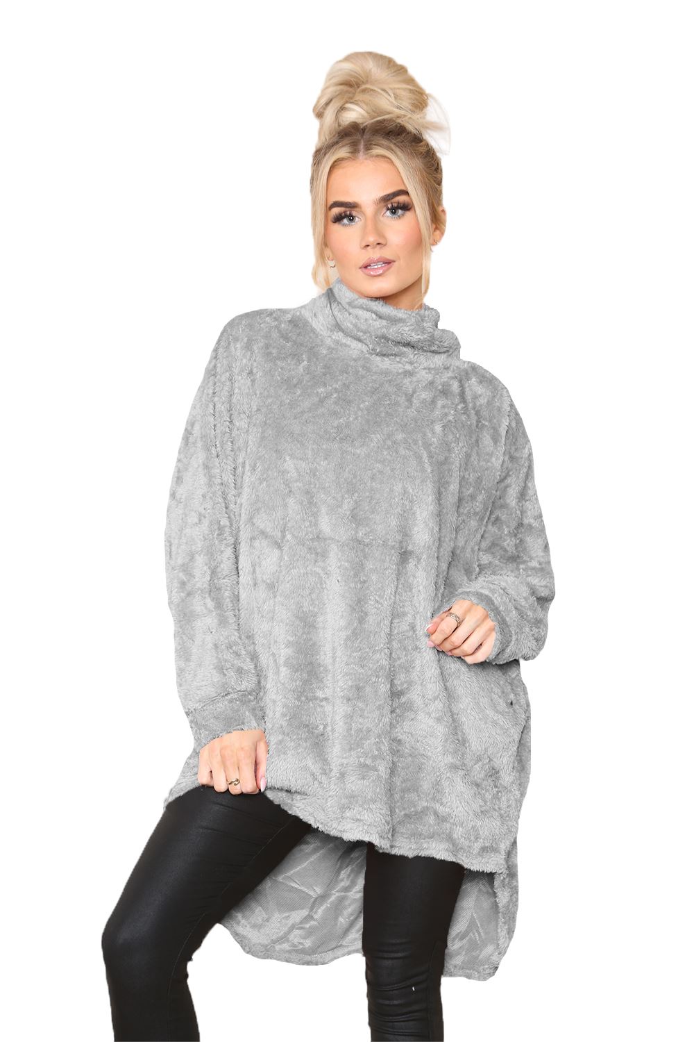 Womens Ladies Fleece Turtle Cowl Neck Baggy Long Sleeve Fluffy Faux Fur Jumper - Picture 9 of 12