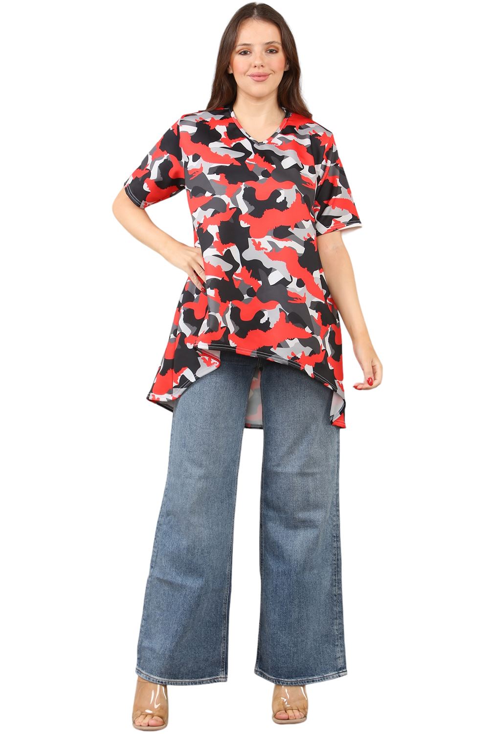 Womens Ladies V-Neck Short Sleeve Long Swing High Low Dipped Hem T-Shirt Top - Picture 2 of 40