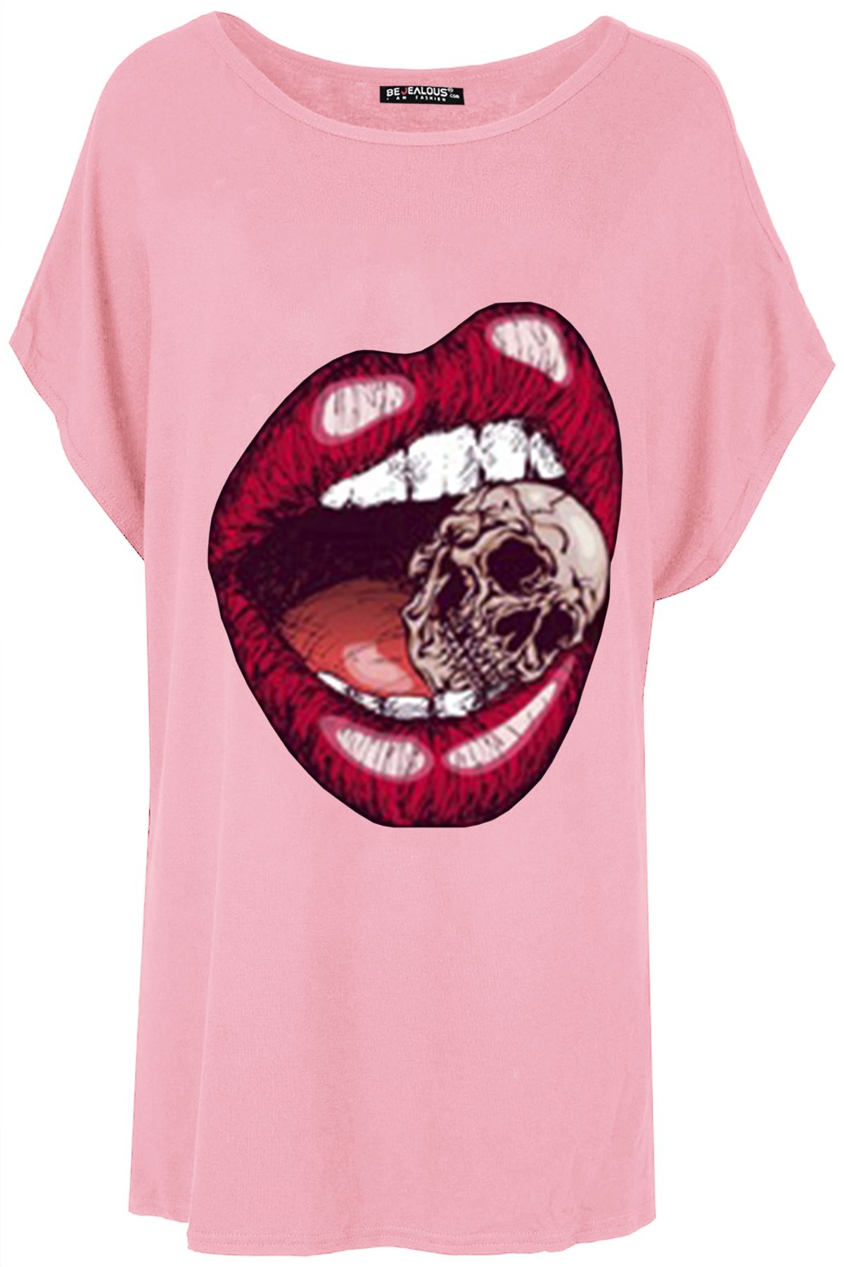 Womens Lips Bitting Skull Head Halloween One Shoulder Bardot T Shirt Ladies Top - Picture 3 of 78