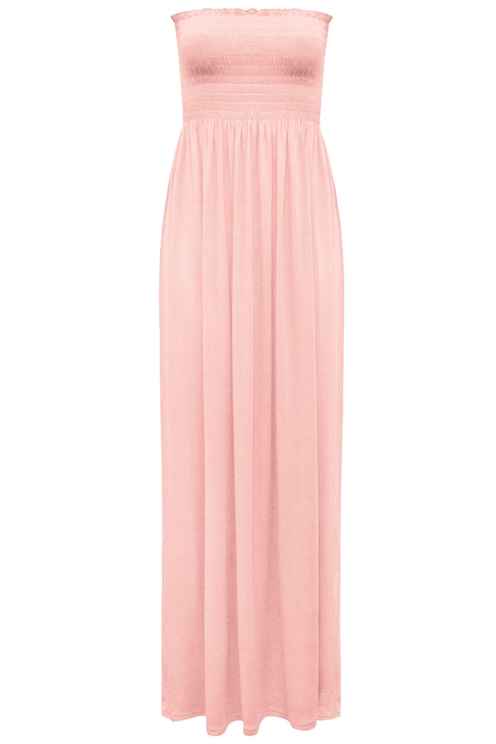 Womens Ladies Gather Strapless Sheering Boobtube Bandeau Long Plain Maxi Dress - Picture 27 of 29