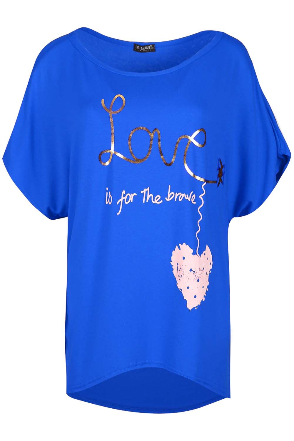 Ladies Oversized LOVE BRAVE HEART Printed Womens Baggy Batwing Hi Lo T Shirt Top - Picture 5 of 75