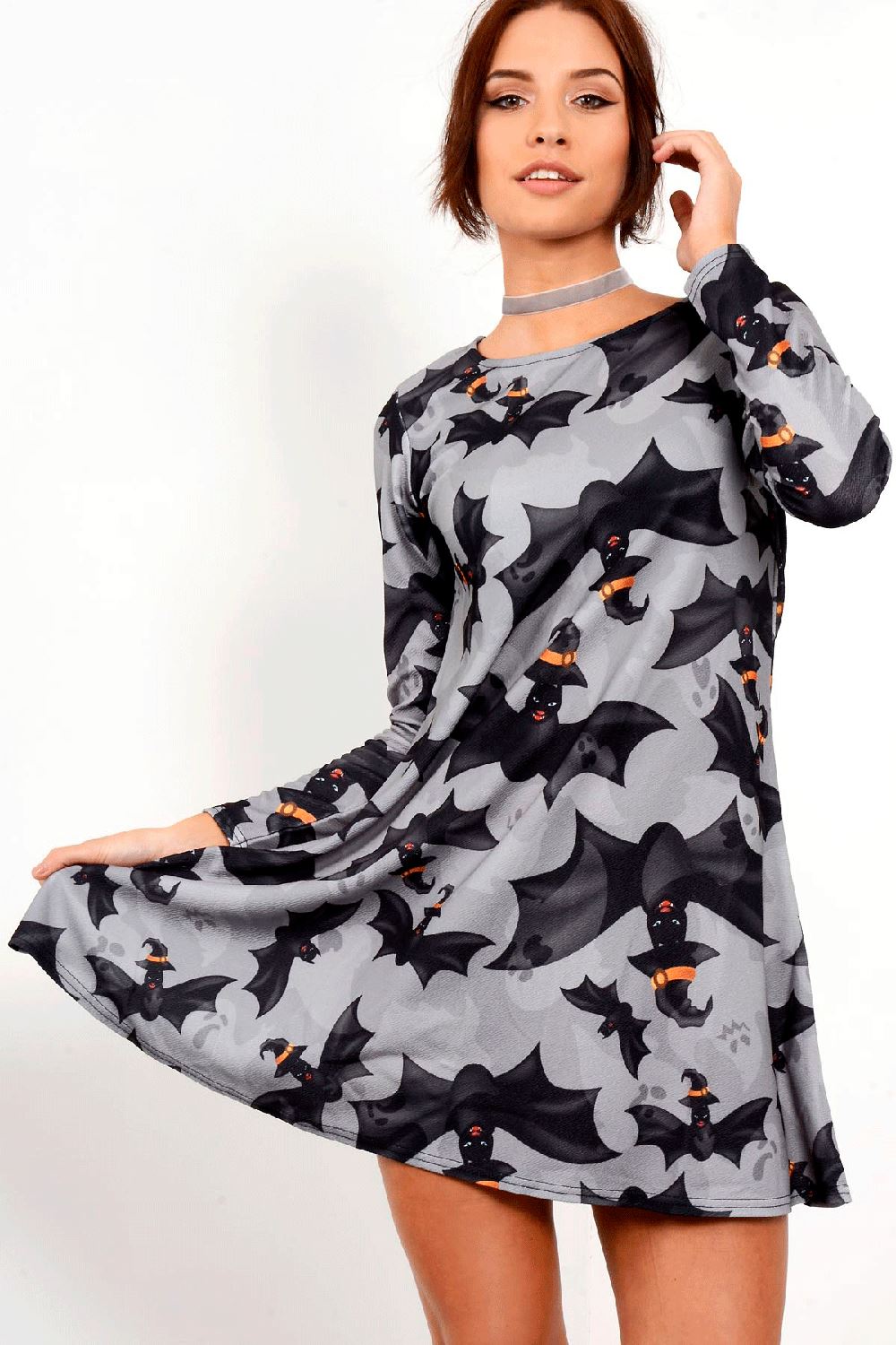 Ladies Womens Skeleton Spider Pumpkin Hallowen Skeleton Smock Swing Mini Dress - Picture 42 of 43