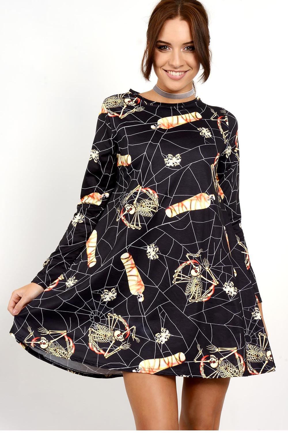 Mesdames Femmes Citrouille Crâne Fantôme Sweet Skater Mini Swing Robe Plus Taille UK 8-24 Mesdames Femmes Citrouille Crâne Fantôme Sweet Skater Mini Swing Robe Plus Taille UK 8-24